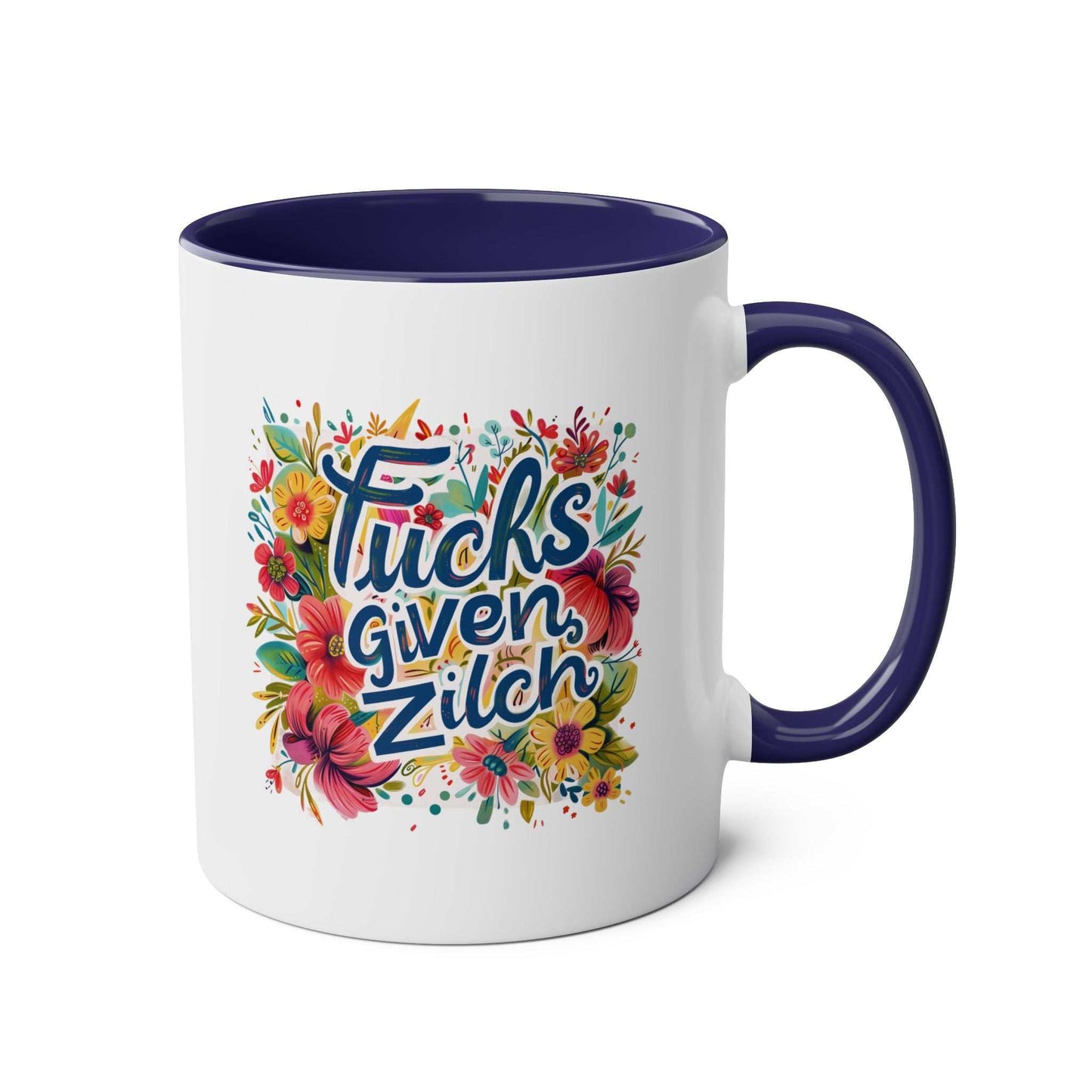 Colorful 'Fucks Given Zilch' coffee mug with floral design, cheeky attitude, 11oz ceramic, dishwasher safe.