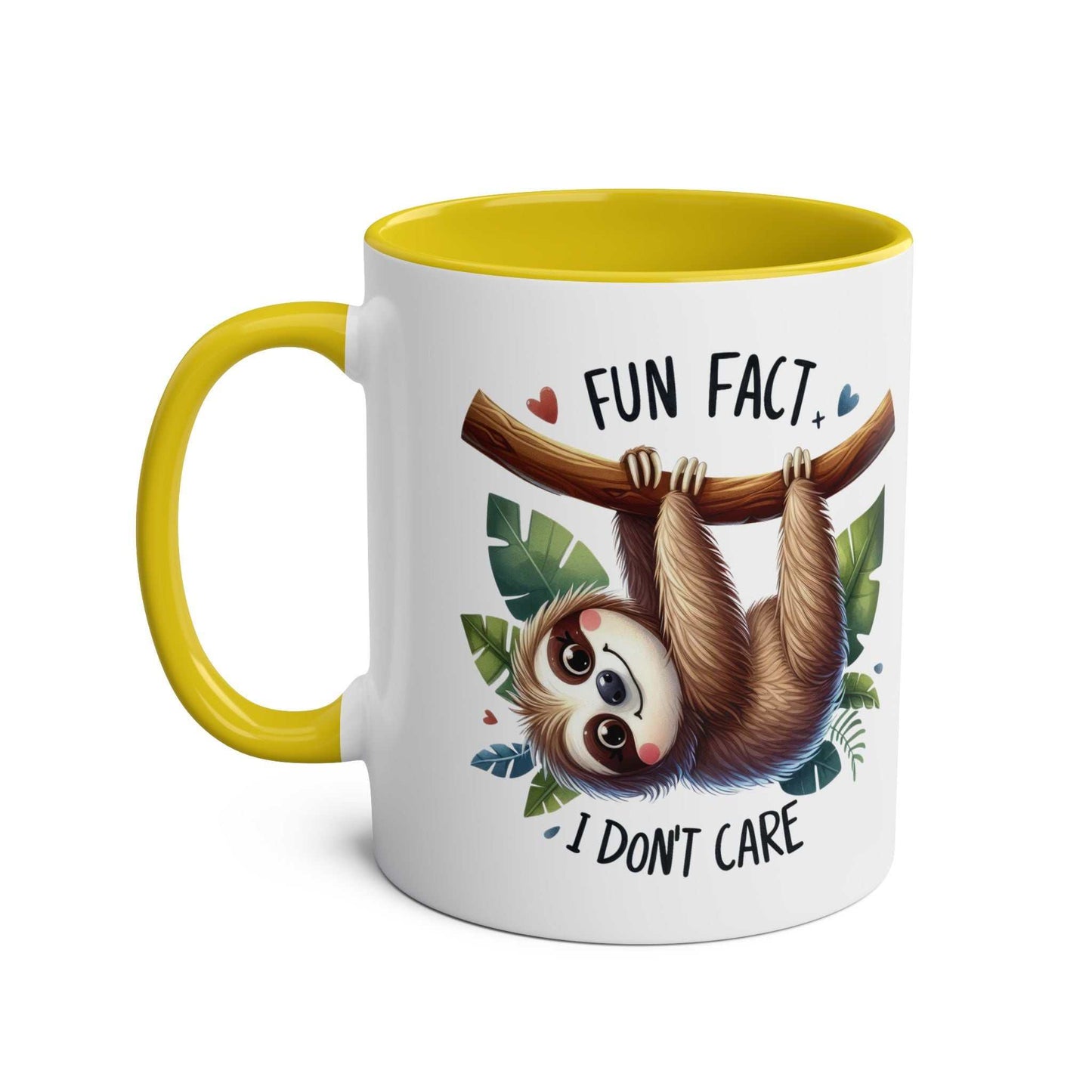 Cute sloth coffee mug with yellow handle and inner, featuring sloth hanging from a branch with "Fun Fact: I Don't Care" text.