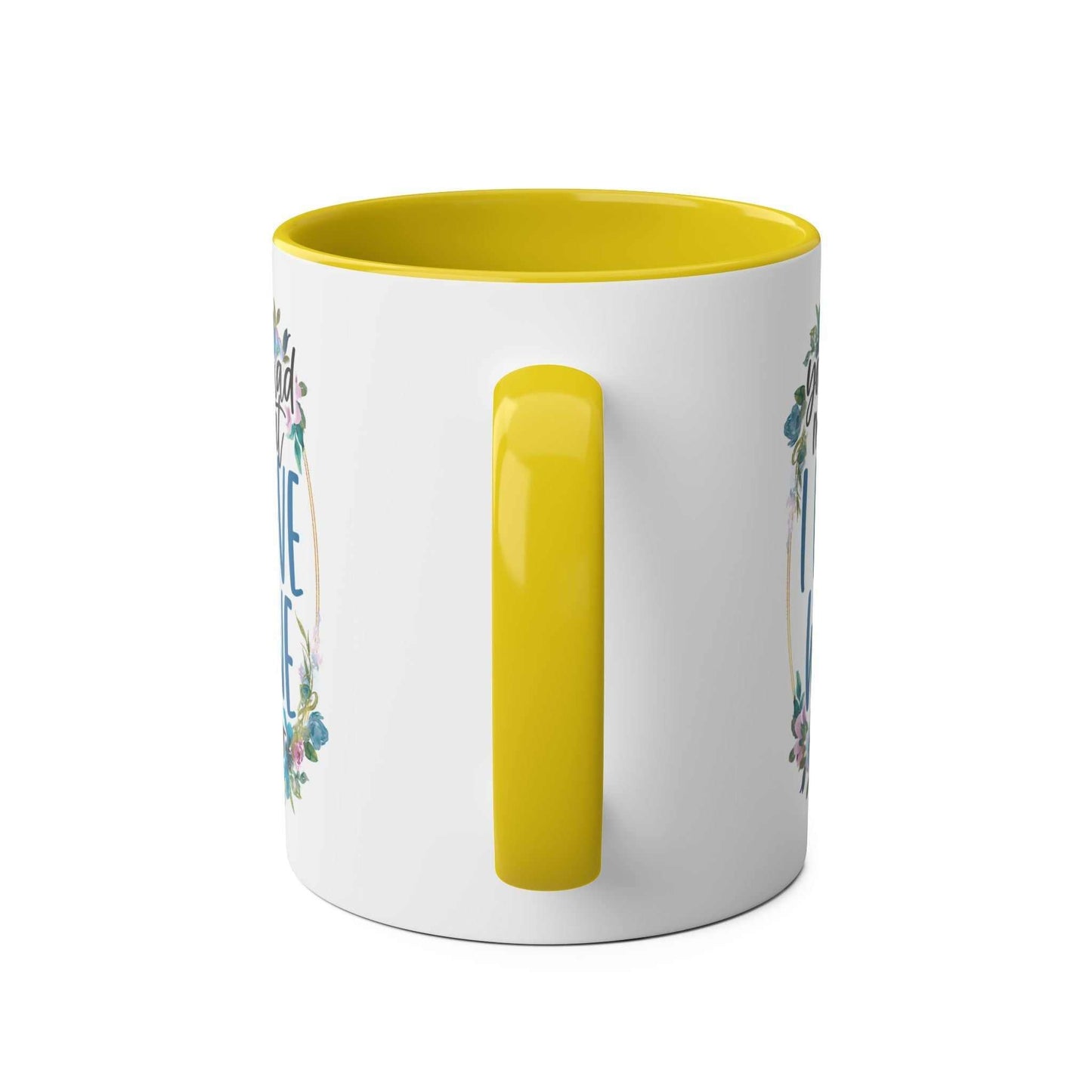 Love Wine Coffee Mug with yellow handle, glossy finish, 11oz ceramic, available in 7 colors.