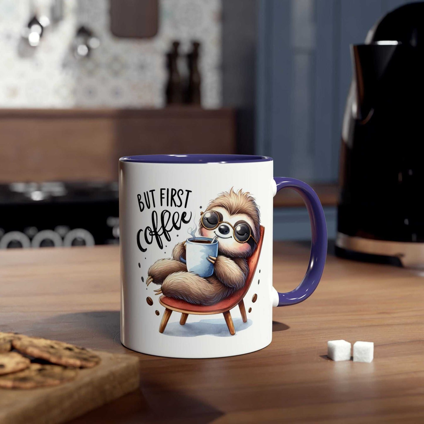 Cute sloth coffee mug with printed design, perfect for animal lovers; 11oz ceramic, microwave and dishwasher safe.