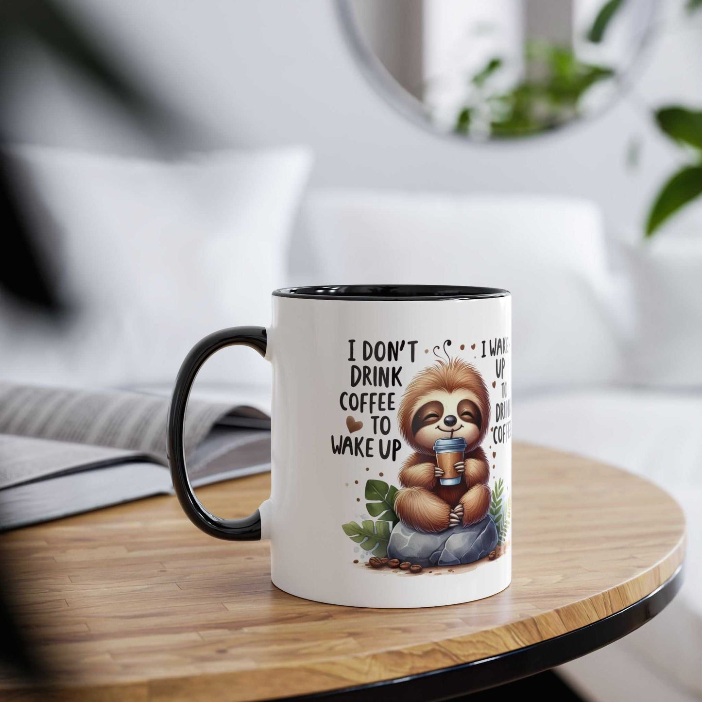 Cute sloth coffee mug with whimsical design on a wooden table.