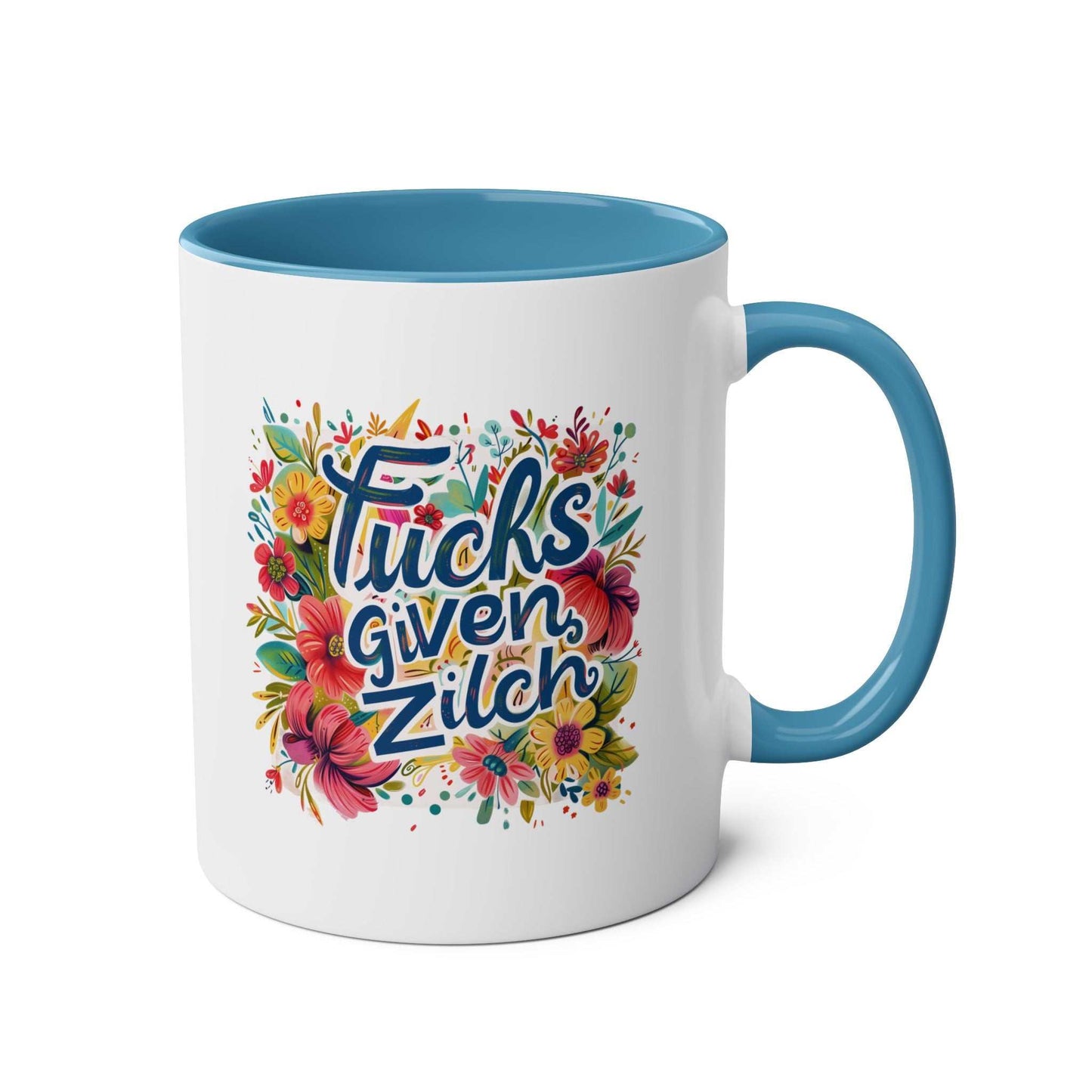 Zilch Coffee Mug with floral design, blue handle, and humorous text.