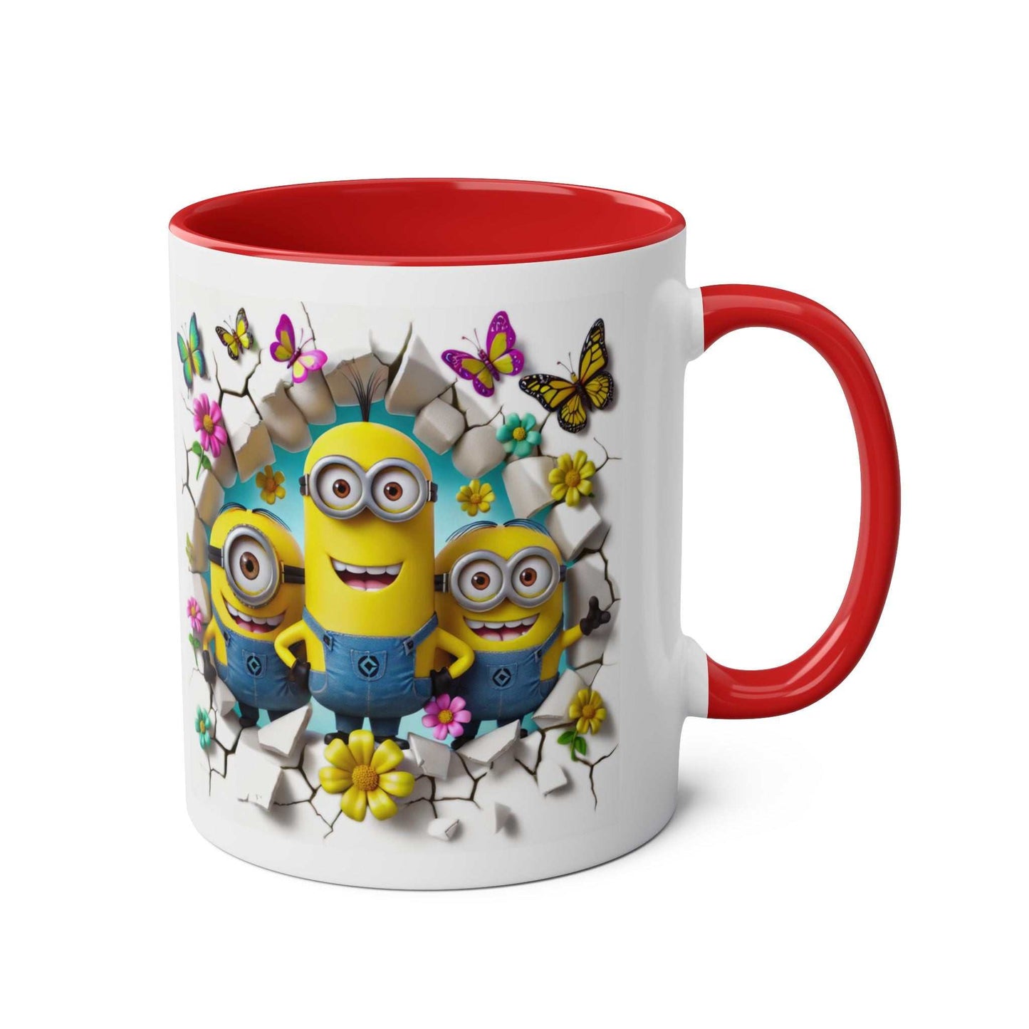 Minion Inspired Coffee Mug with colorful design, 11oz ceramic, red interior and handle.