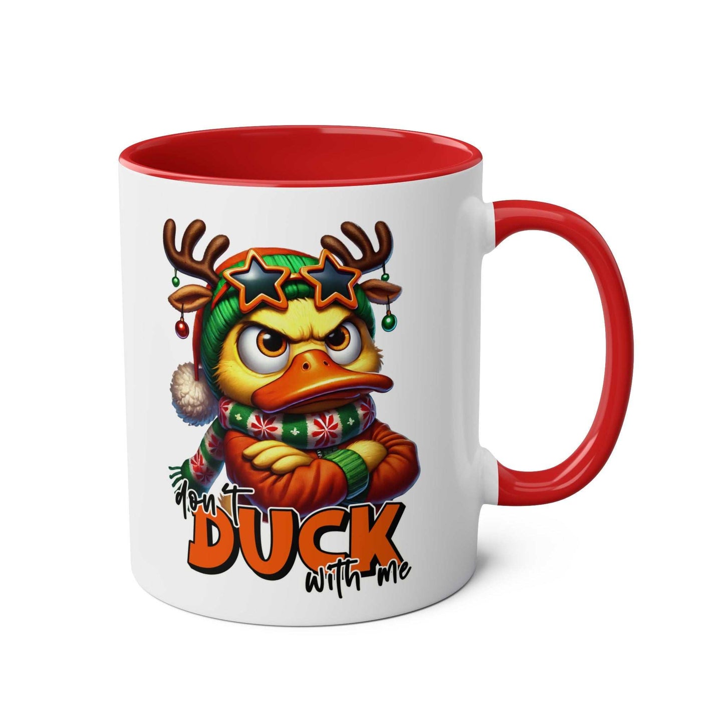 Sarky Christmas Mug with duck design, glossy finish, 11oz ceramic, available in seven colors, microwave and dishwasher safe.
