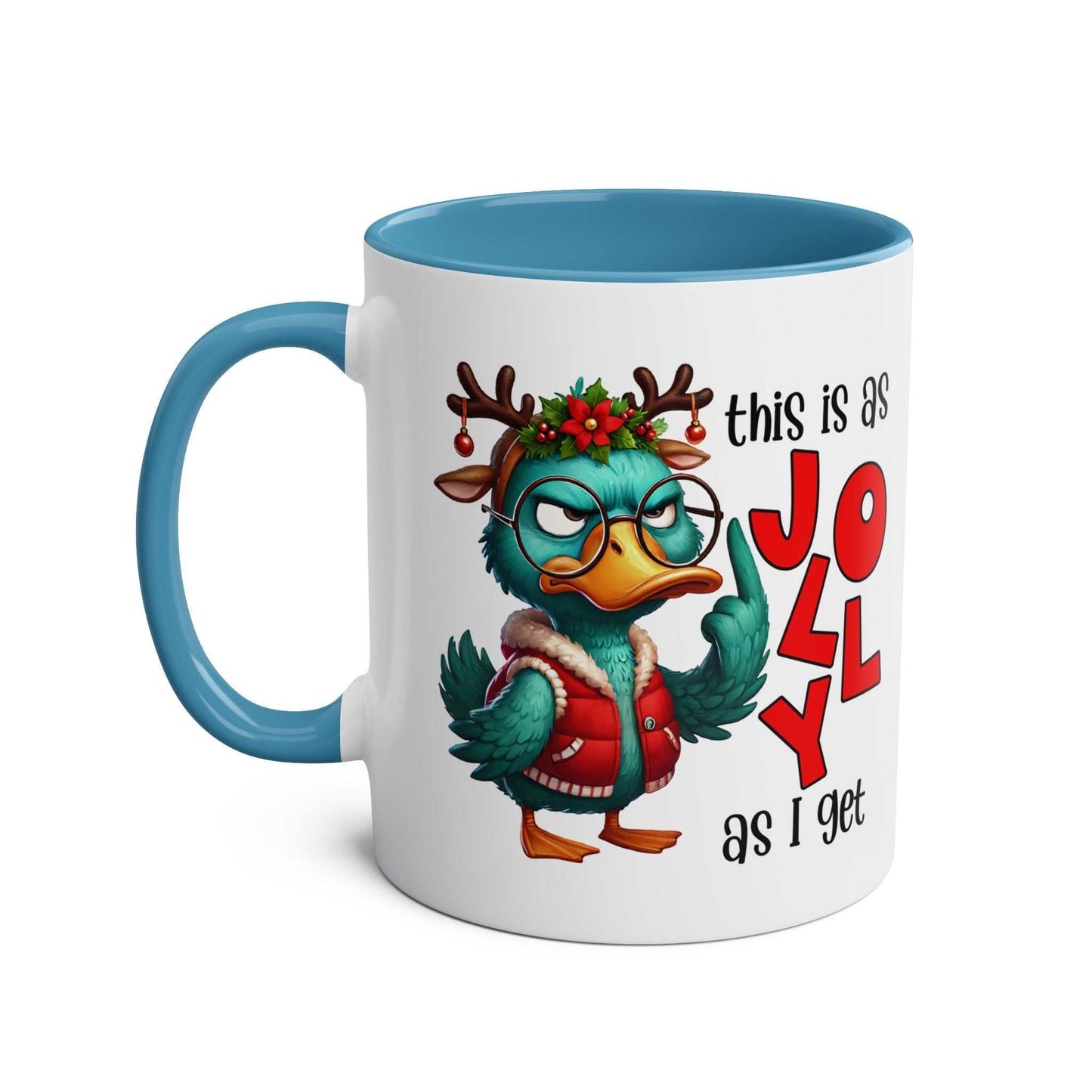 Sarky Christmas Mug with duck design and humorous text, ceramic, glossy finish, available in 7 colors.