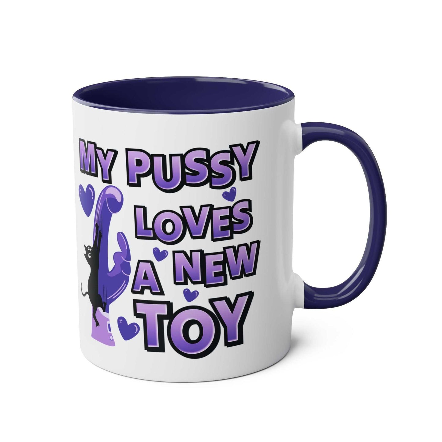White ceramic mug with playful cat design and text, blue interior and handle, titled "Cheeky Fun Coffee Mug".