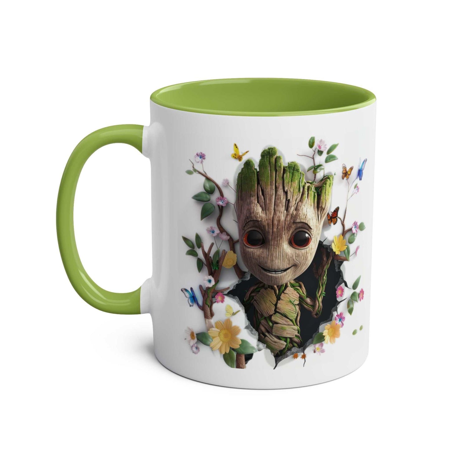 Baby Groot themed mug with floral design, available in 7 colors, glossy 11oz ceramic, microwave and dishwasher safe.