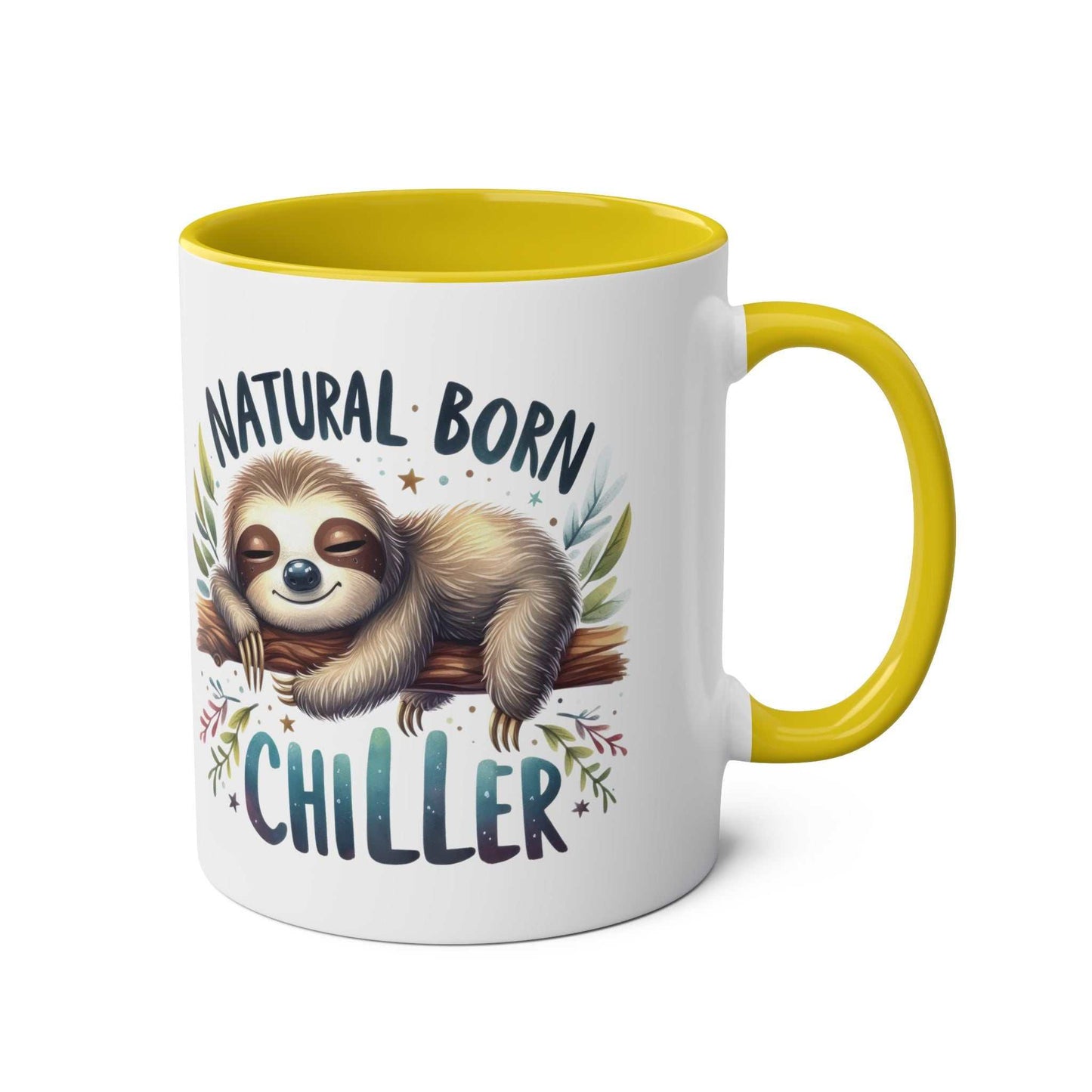 Cute sloth coffee mug with "Natural Born Chiller" design, yellow interior and handle.