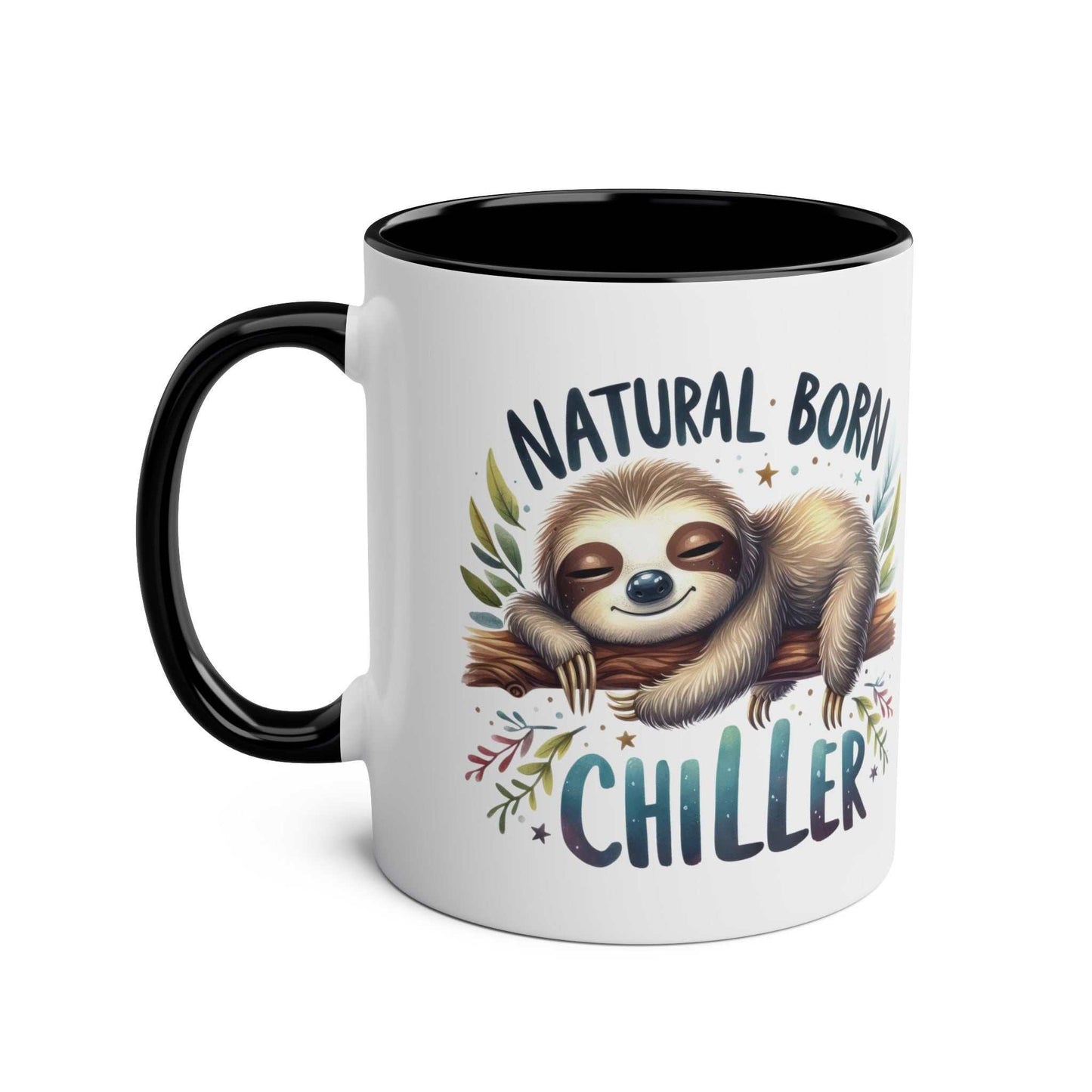 Cute sloth coffee mug with "Natural Born Chiller" design, black handle, and rim.