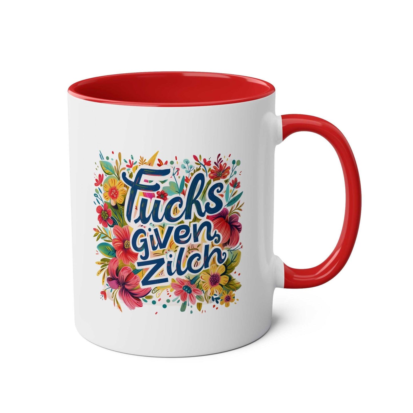 Zilch Coffee Mug with colorful floral design and cheeky message, red interior and handle.