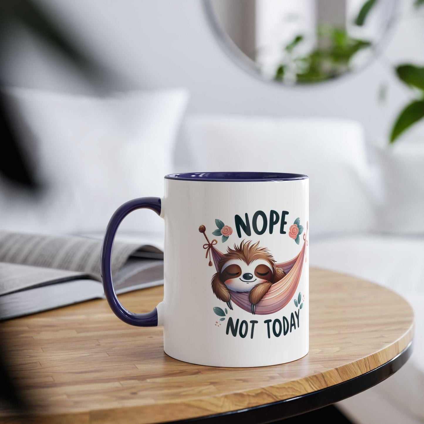 Cute sloth coffee mug with "Nope Not Today" design, ideal for animal lovers.
