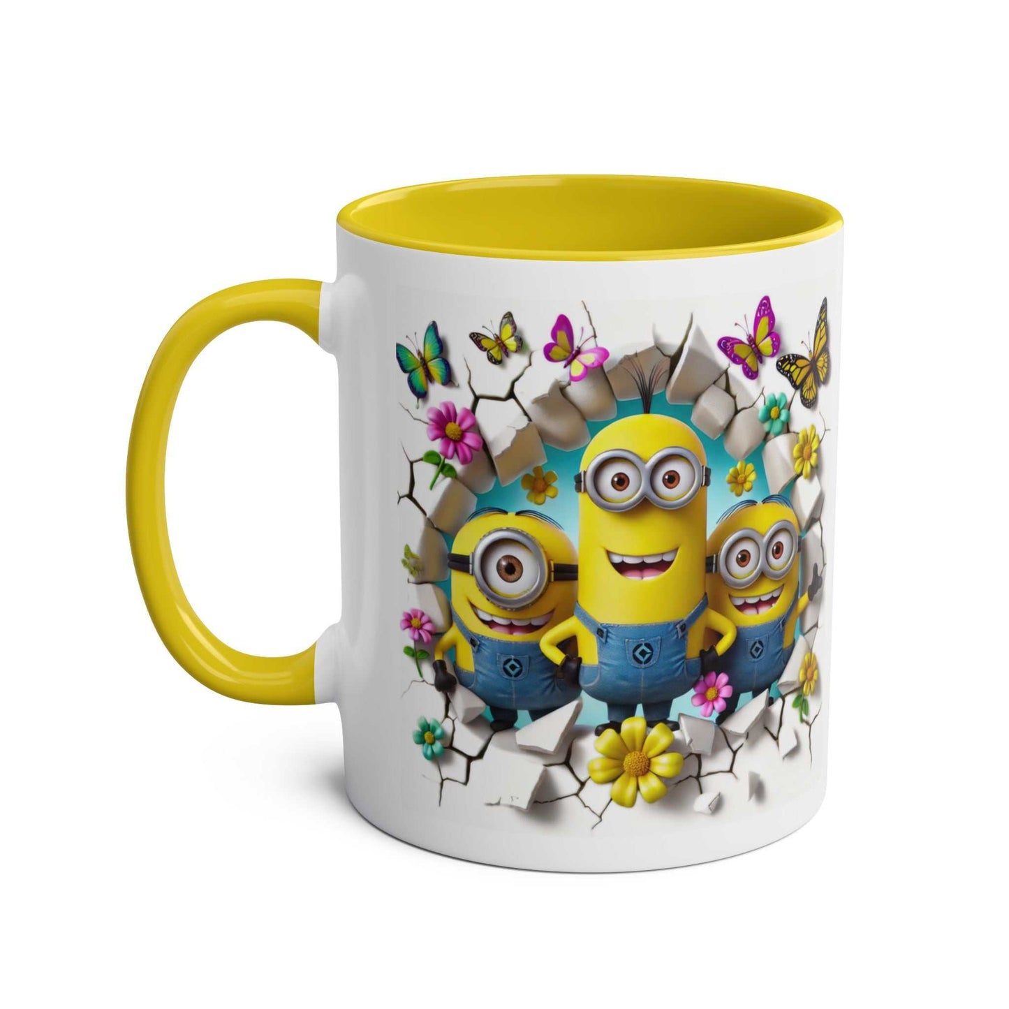Minion Inspired Coffee Mug with colorful design, cheerful Minions, and butterflies, ideal for fans.