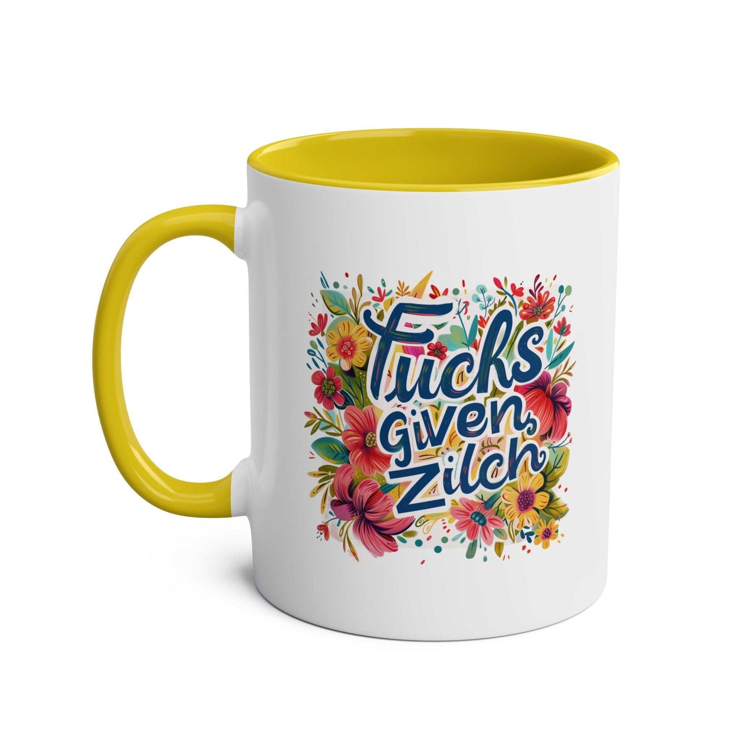 Playful Zilch Coffee Mug with floral design and yellow interior.