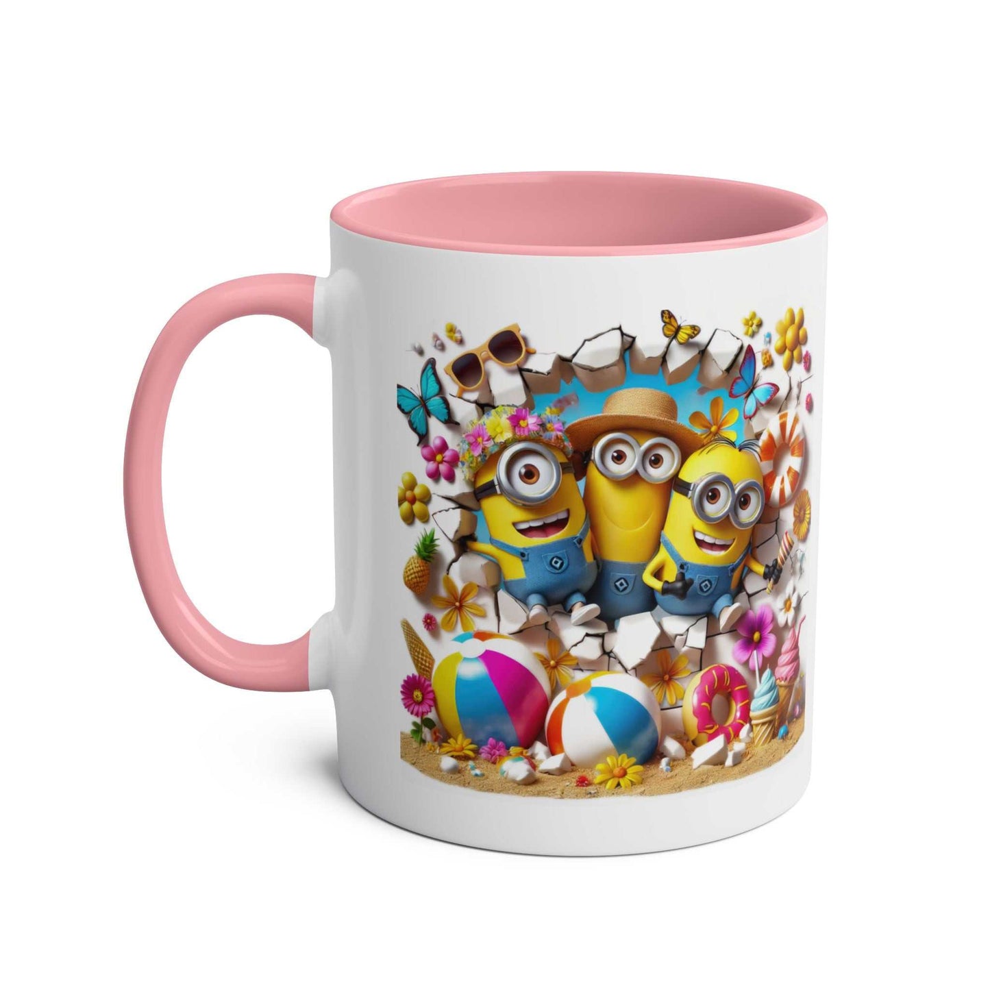 Minion Beach Themed Coffee Mug with colorful beach scene and Minions, 11oz ceramic, pink handle and interior.