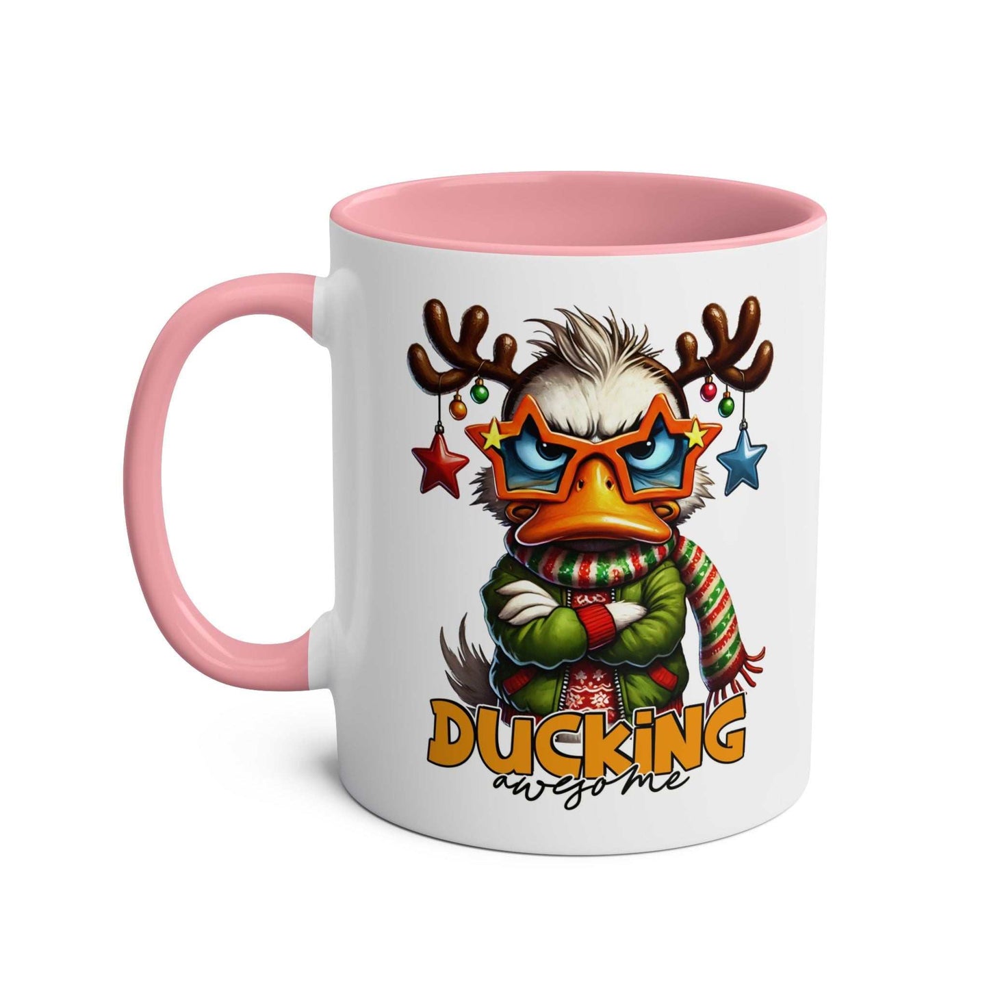 Sarky Christmas Mug with duck design, available in 7 colors, glossy 11oz ceramic, microwave and dishwasher safe.