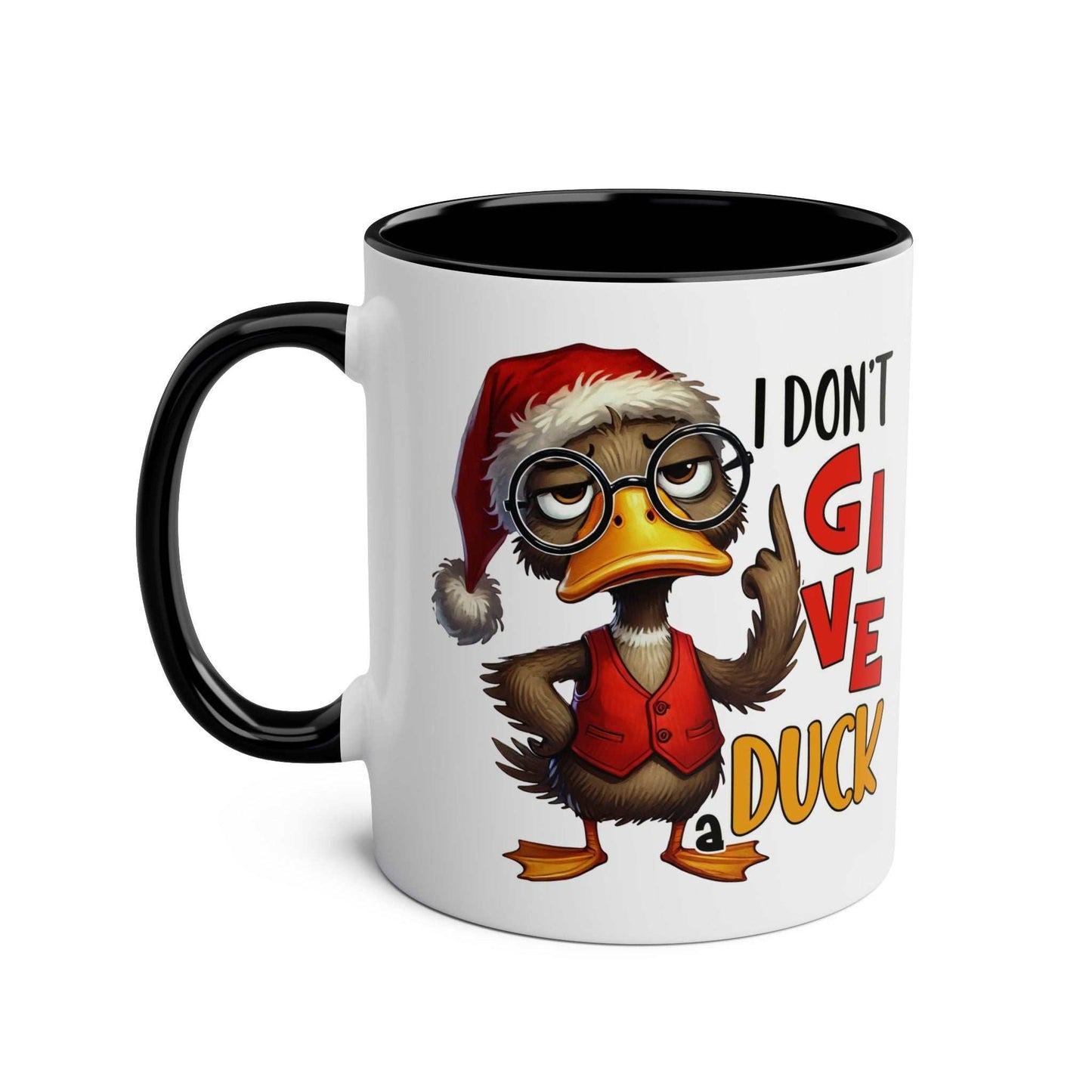 Sarky Christmas Mug with sassy duck design, 11oz ceramic, available in 7 colors, microwave and dishwasher safe.