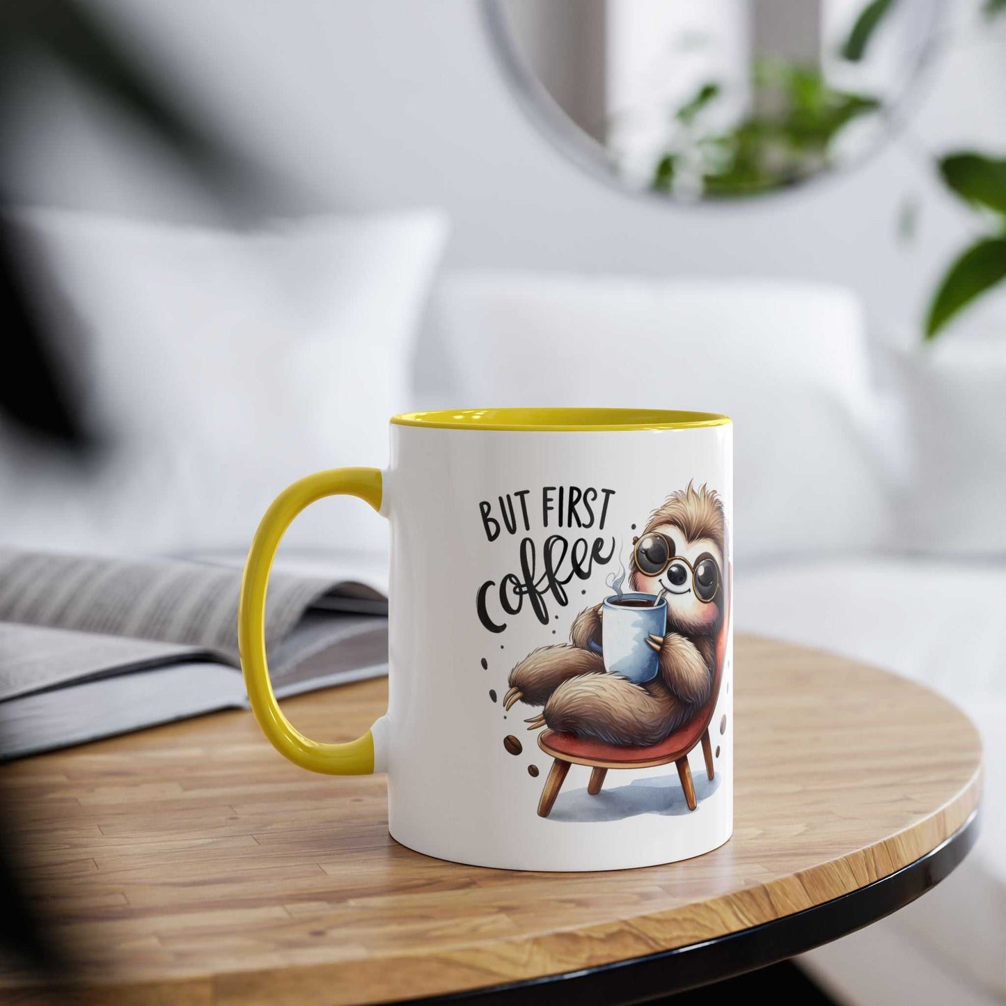 Cute sloth coffee mug with whimsical design and yellow handle on a wooden table.