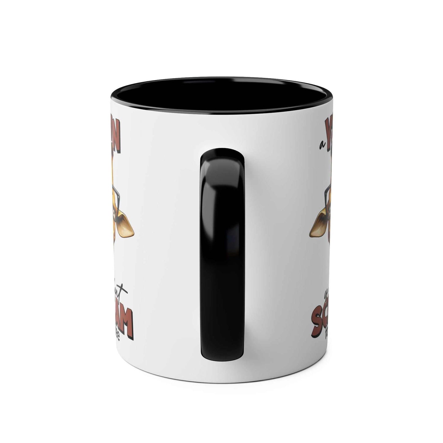 Yawn Coffee Mug with quirky giraffe design and black handle, 11oz ceramic.