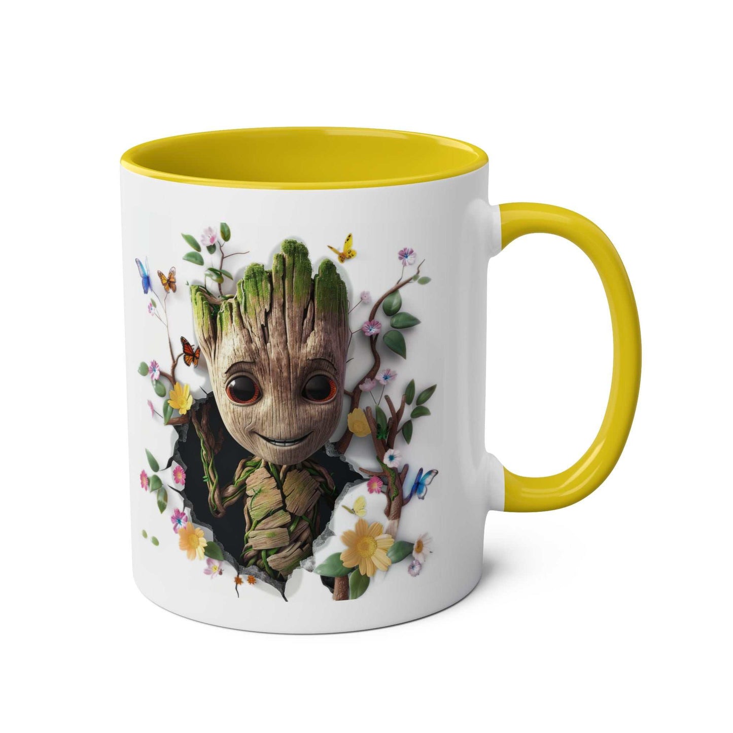 Baby Groot themed mug with colorful design, 11oz ceramic, glossy finish.