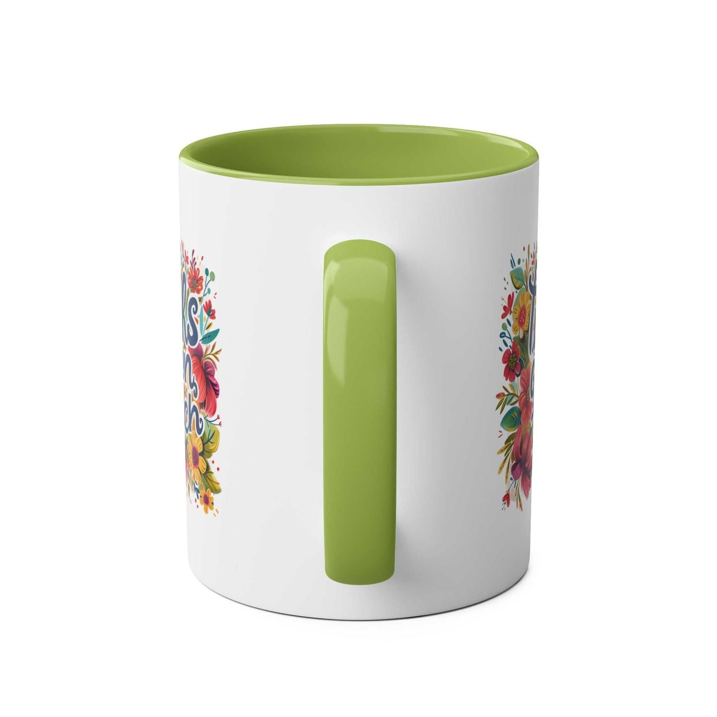Zilch Coffee Mug with green handle and floral design, 11oz ceramic, glossy finish.