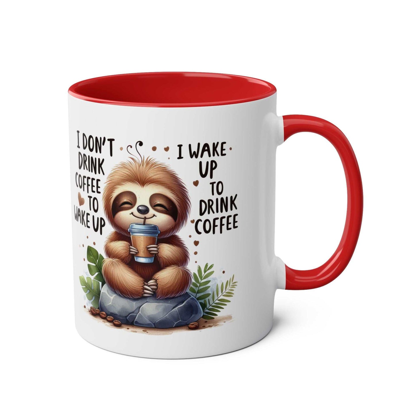 Cute sloth coffee mug with red interior, featuring whimsical sloth design.