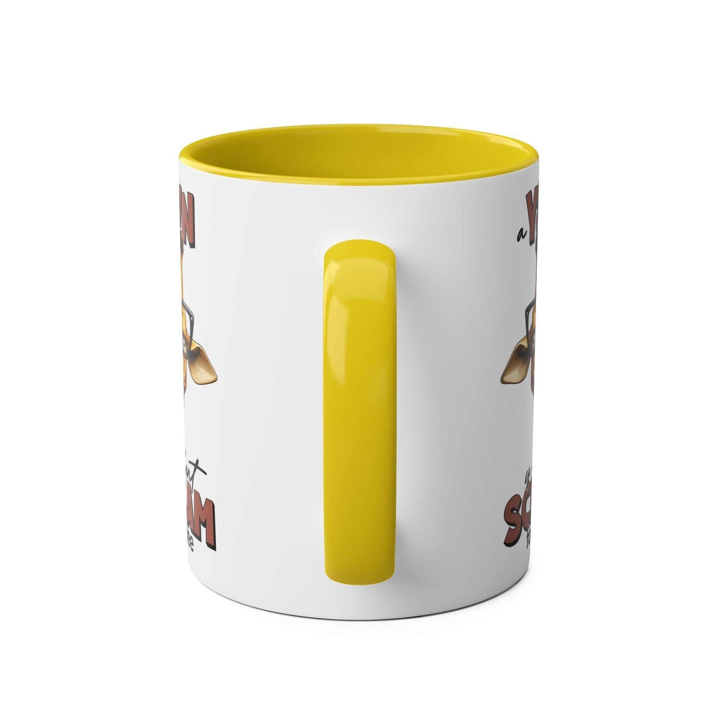 Yawn Coffee Mug with quirky giraffe design, yellow handle, and interior.