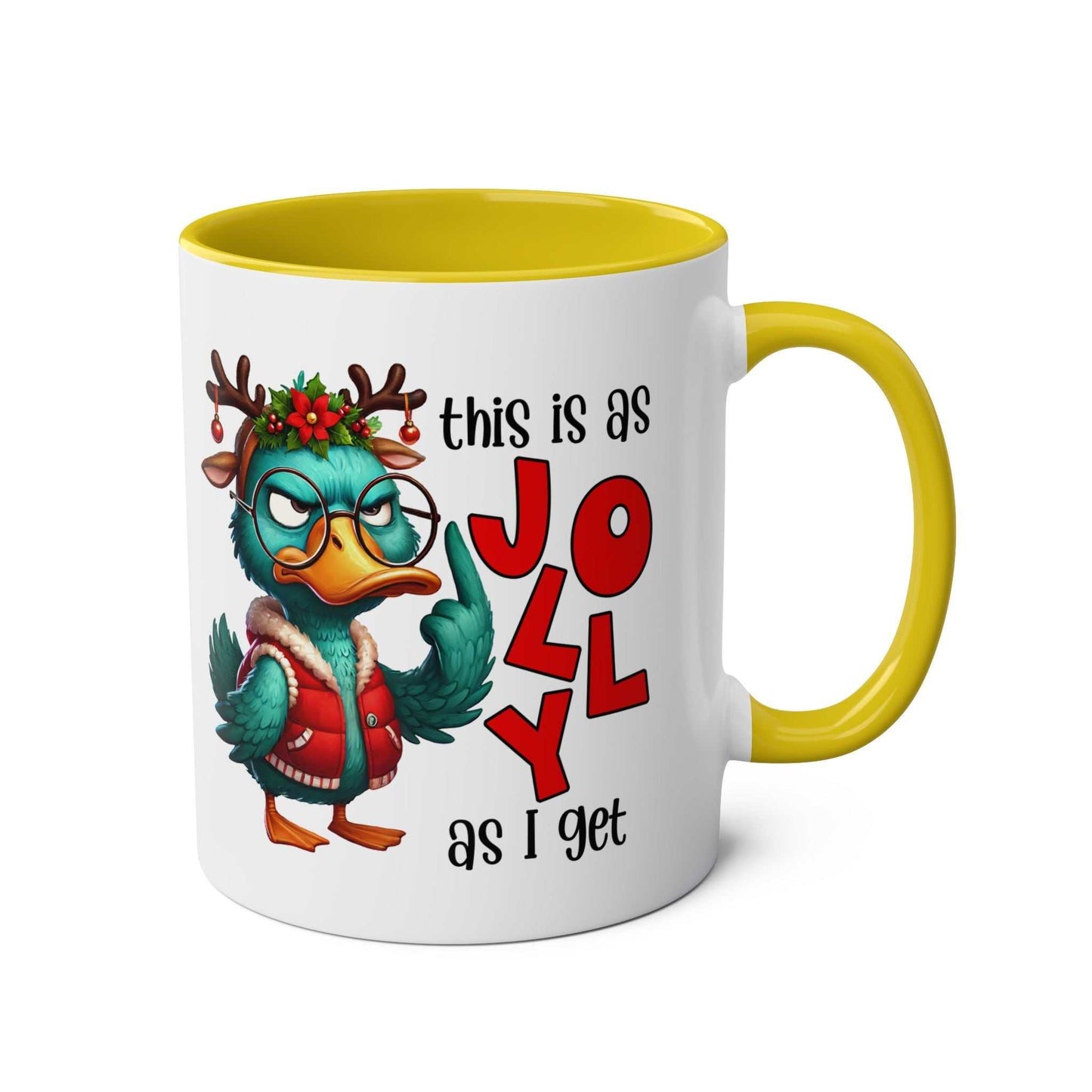 Sarky Christmas Mug with duck design and humorous twist, available in 7 colors, 11oz ceramic.