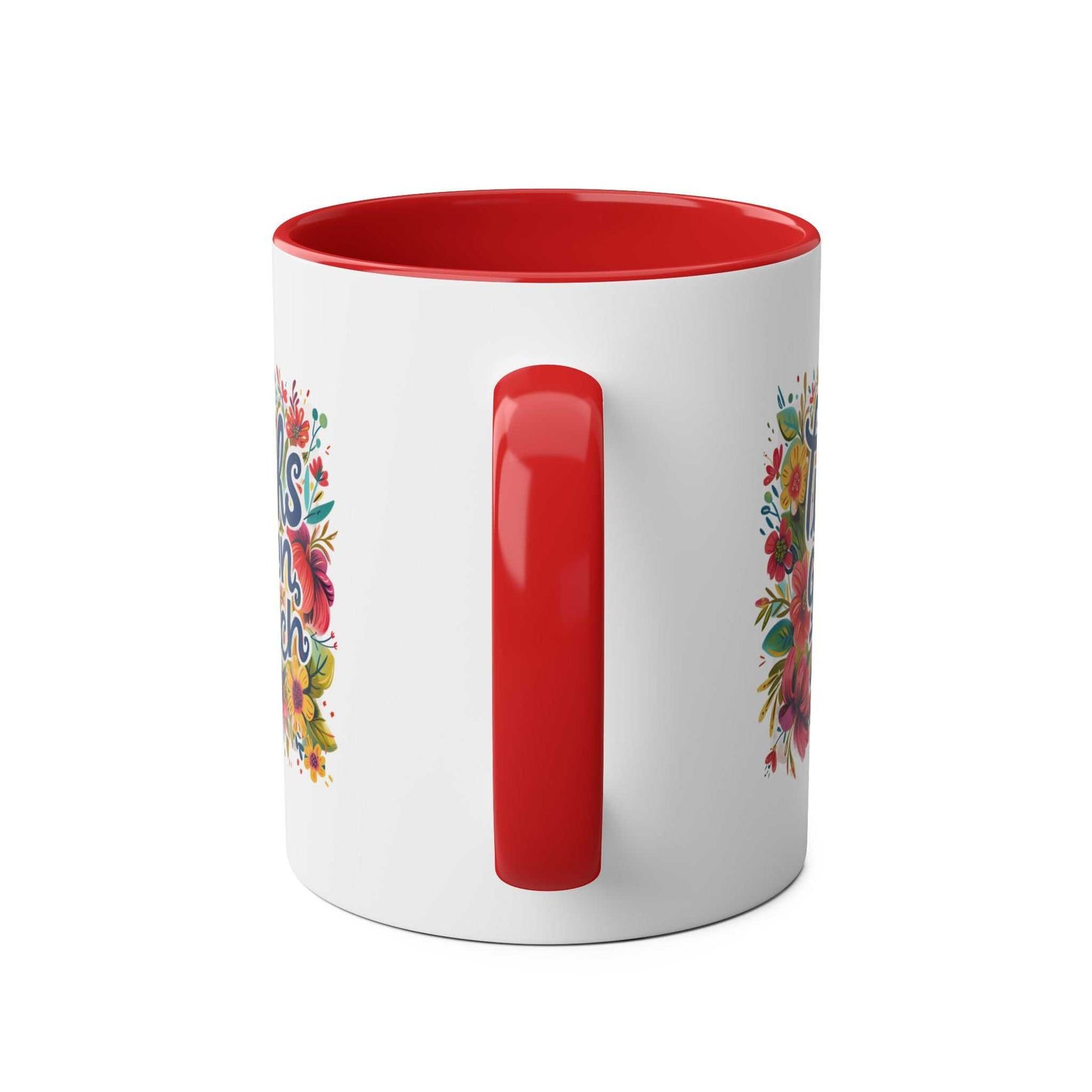 Zilch Coffee Mug with red handle and floral design, cheeky and humorous ceramic cup.