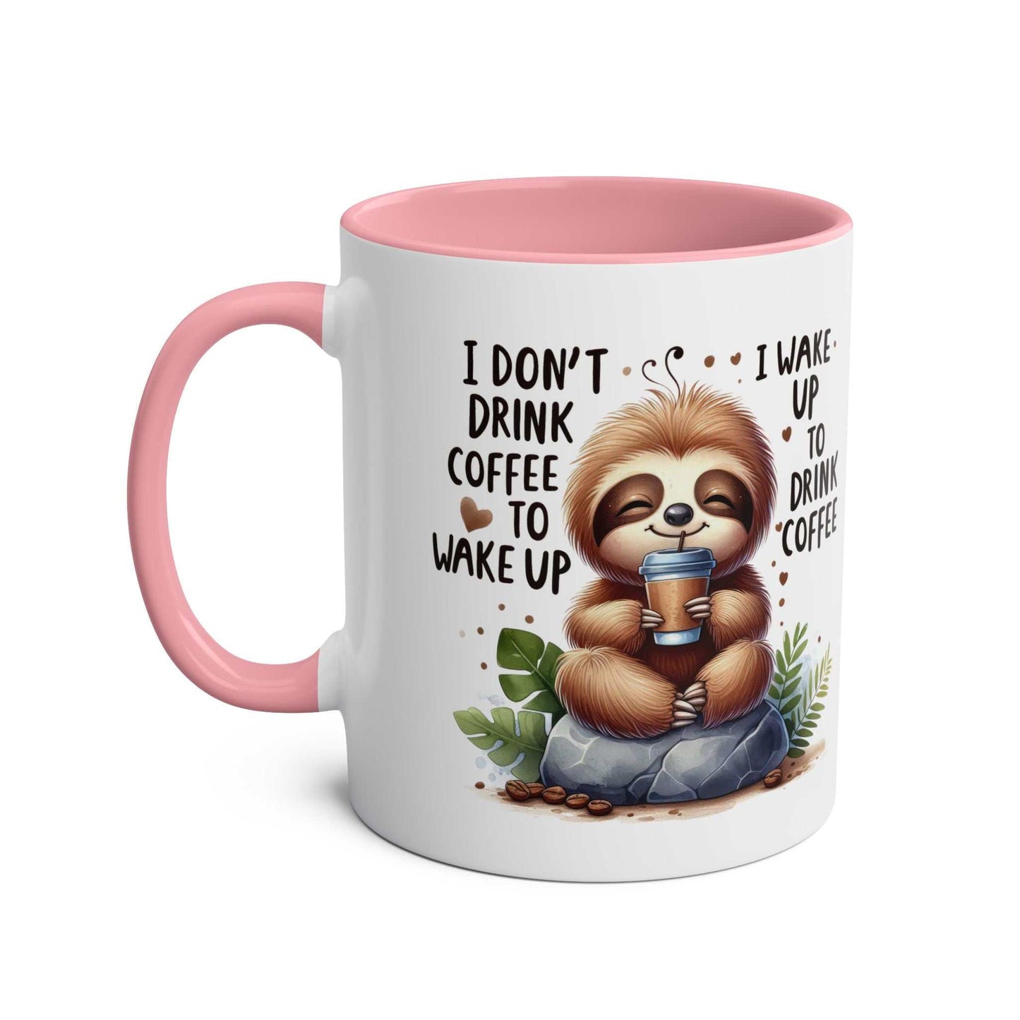 cute sloth coffee mug with pink handle and playful design for animal lovers
