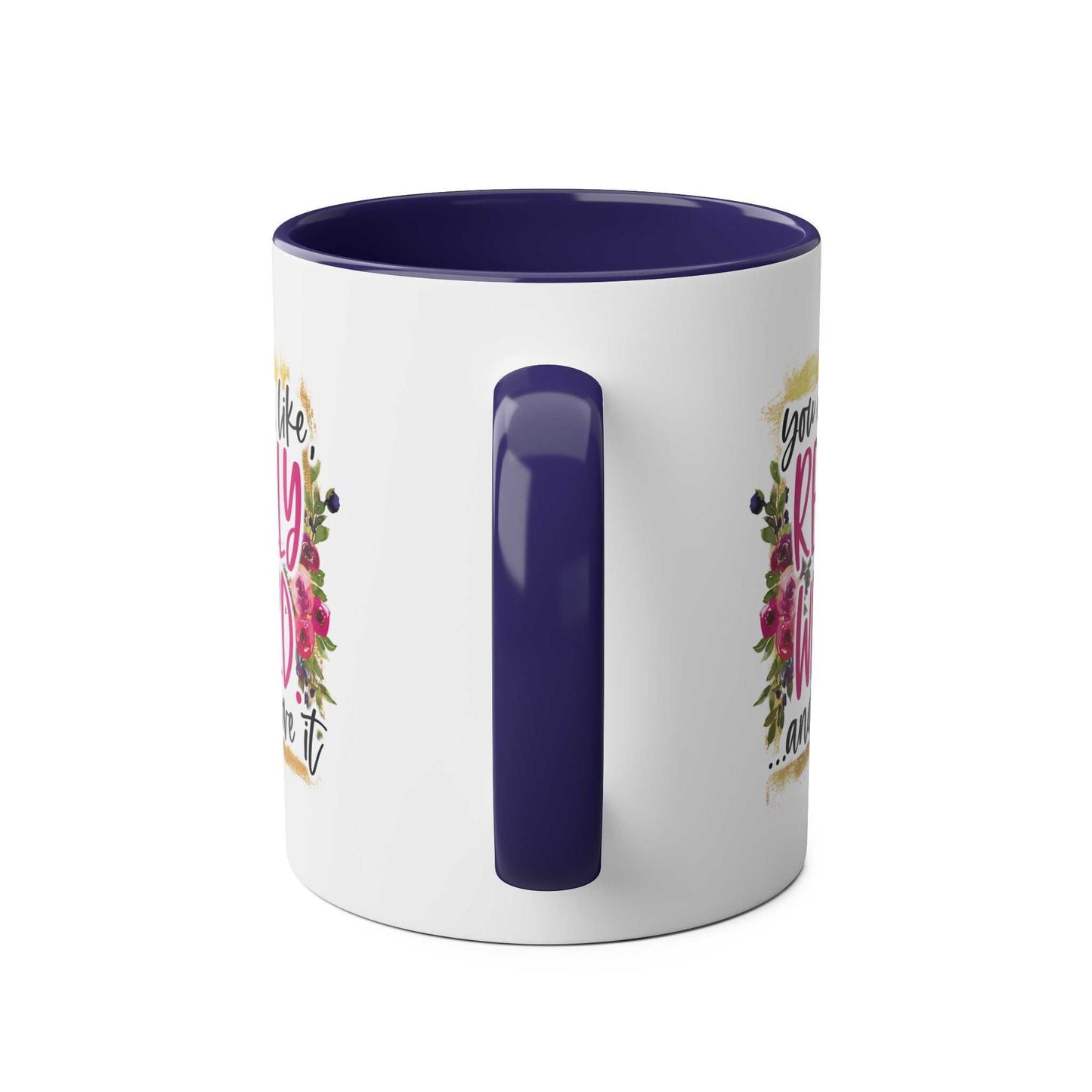 Really Weird Coffee Mug with a floral design, glossy finish, and purple handle.