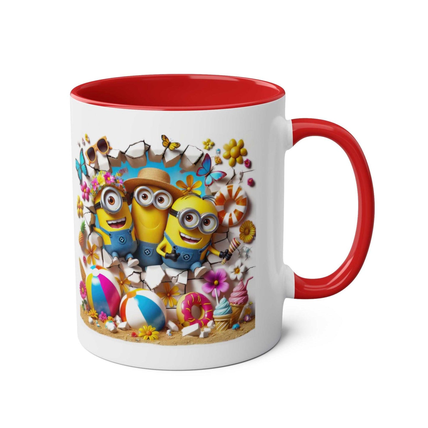 Minion Beach Themed Coffee Mug with playful design featuring Minions at the beach, red handle, 11oz ceramic.