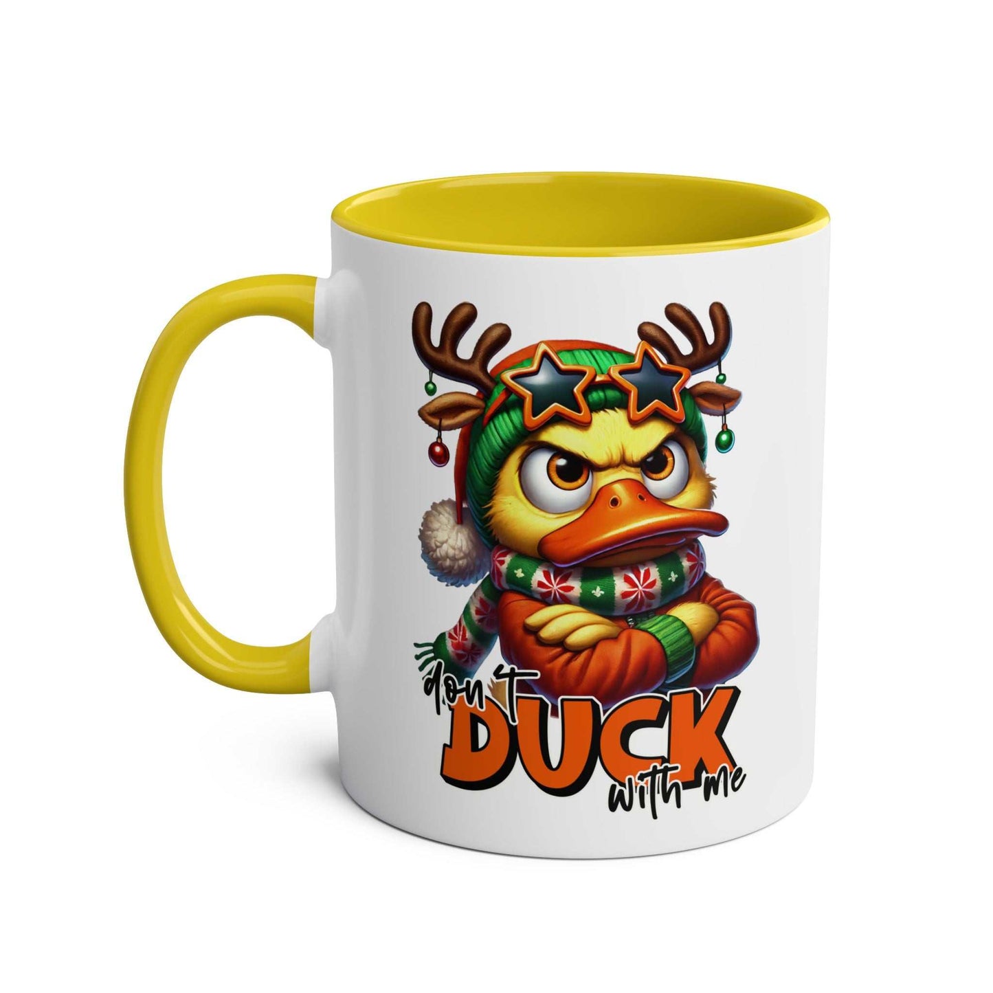 Sarky Christmas mug with sassy duck design, glossy 11oz ceramic, available in 7 colors.