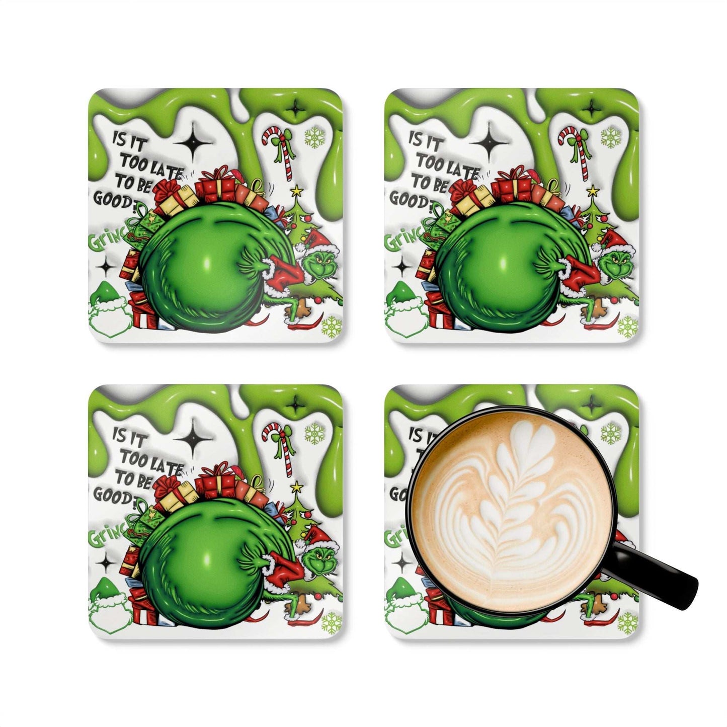 Grinch Christmas coaster set with grumpy Grinch design, high-gloss MDF top, cork back, and heat-resistant features.