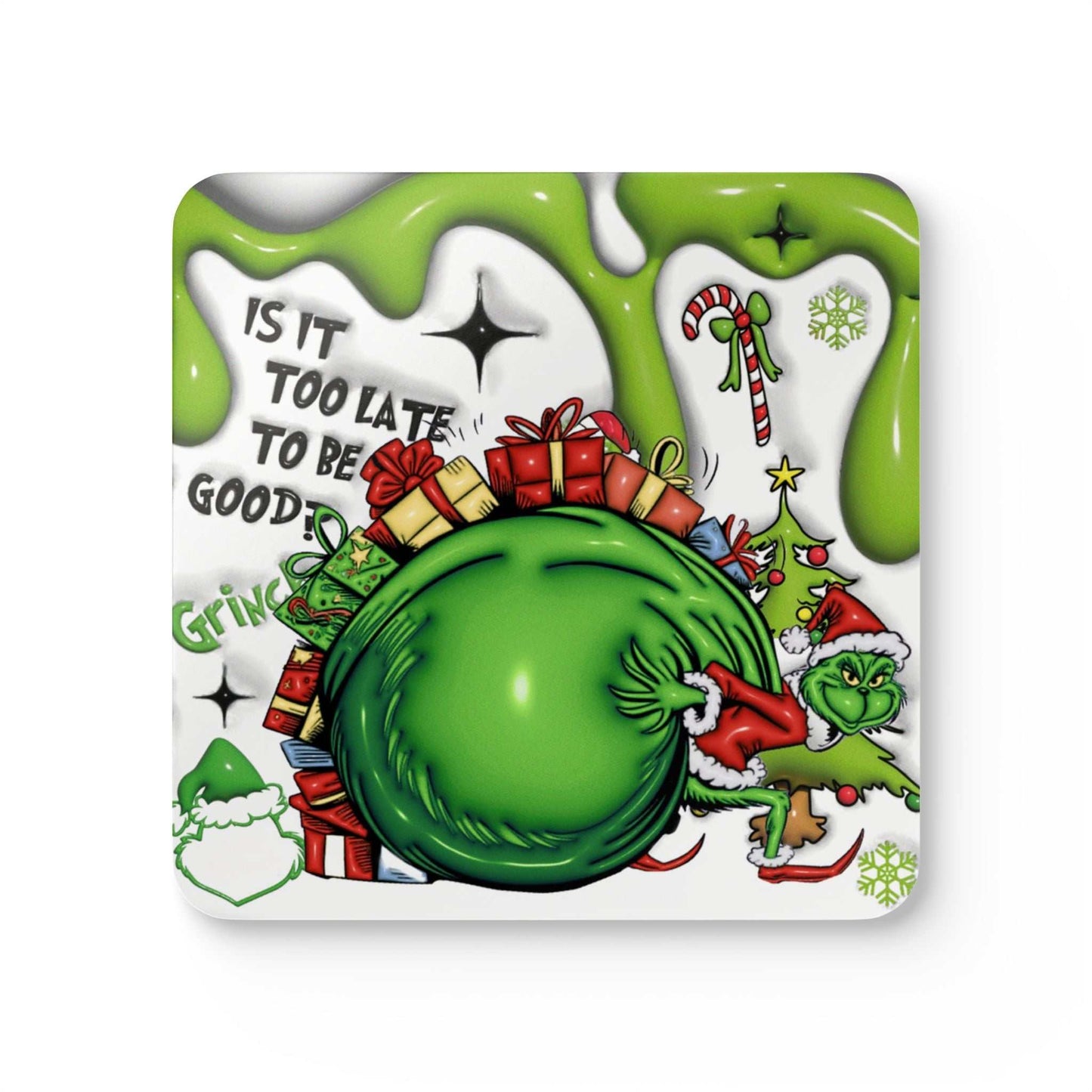 Fun Grinch Christmas coaster set with grumpy Grinch design and festive elements.