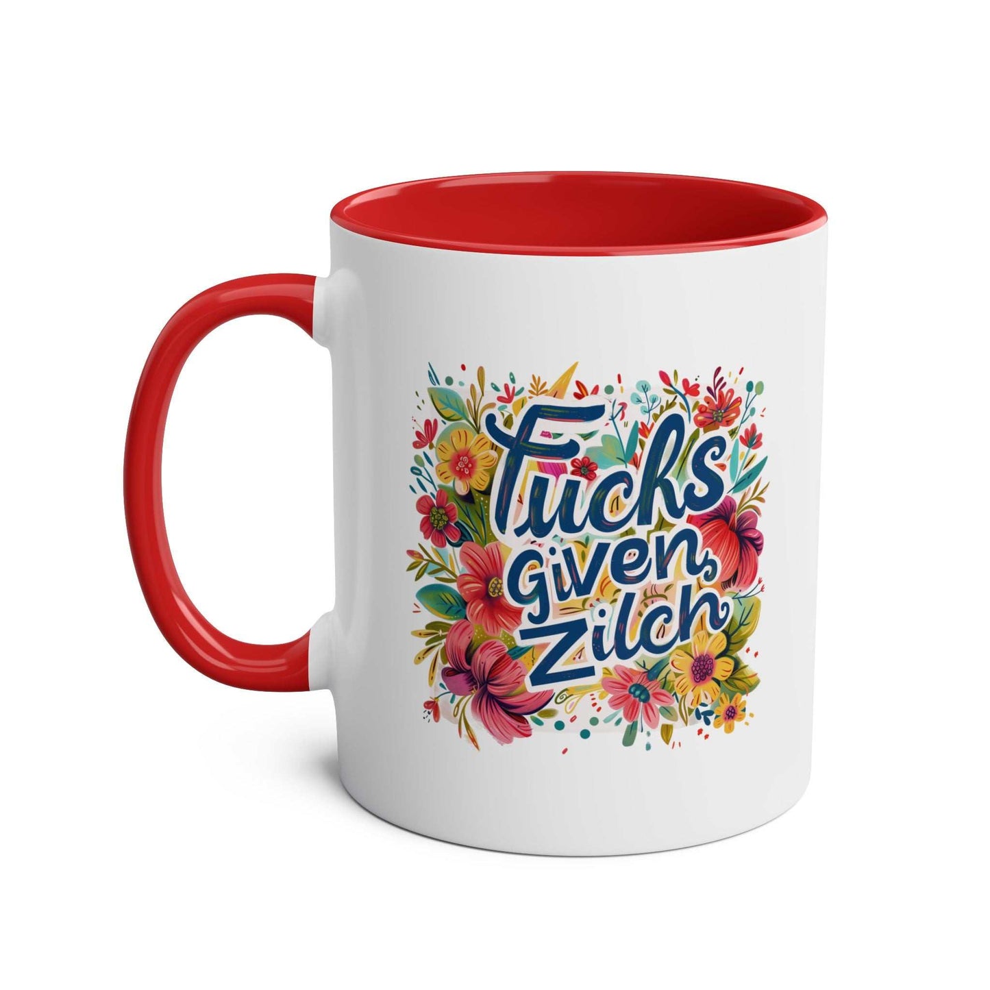 Zilch Coffee Mug with floral design and cheeky message, red handle, 11oz ceramic, microwave and dishwasher safe.
