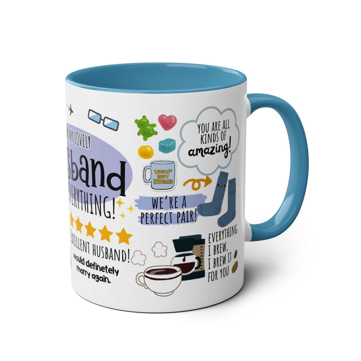 Husband Father's Day gift mug with fun sayings and colorful graphics, glossy finish, blue handle, 11oz ceramic, microwave and dishwasher safe.