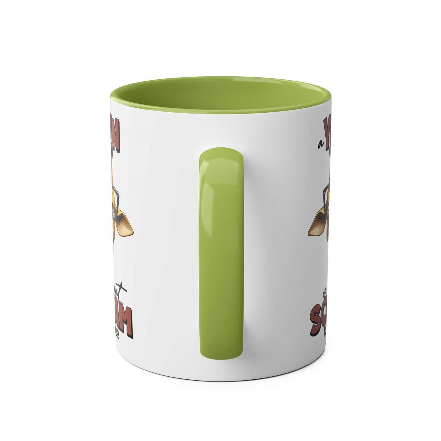 Giraffe design coffee mug with green interior and handle, Yawn Coffee Mug.