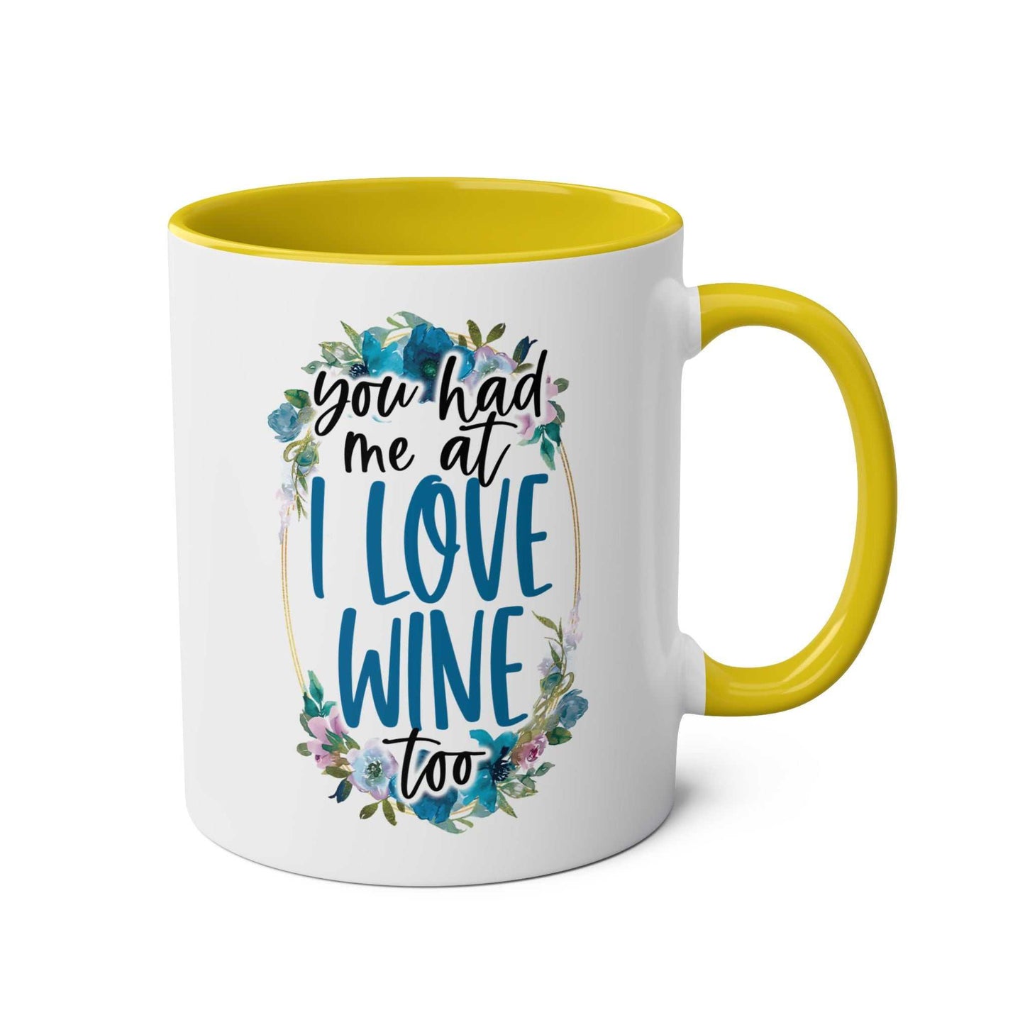 Love Wine Coffee Mug with humorous design, glossy finish, and yellow handle, 11oz ceramic, microwave and dishwasher safe.