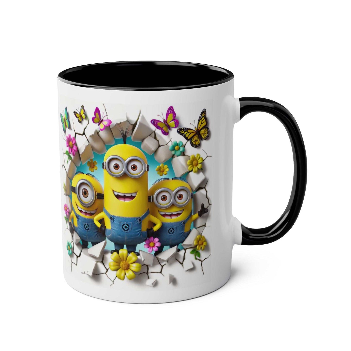 Minion Inspired Coffee Mug with colorful design featuring yellow characters, butterflies, and flowers, 11oz ceramic, glossy finish, microwave and dishwasher safe.