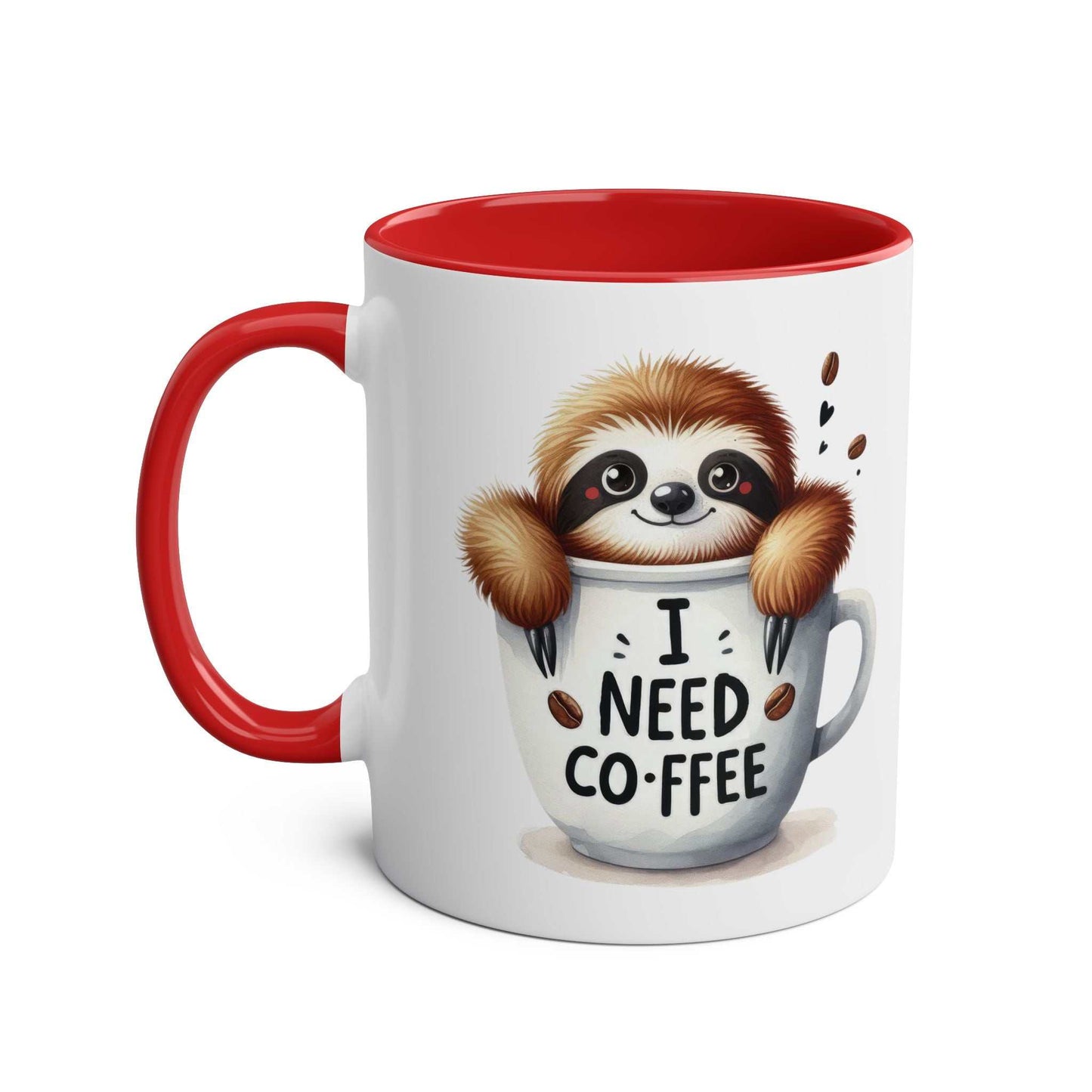 Cute sloth coffee mug with red handle and "I Need Coffee" design.