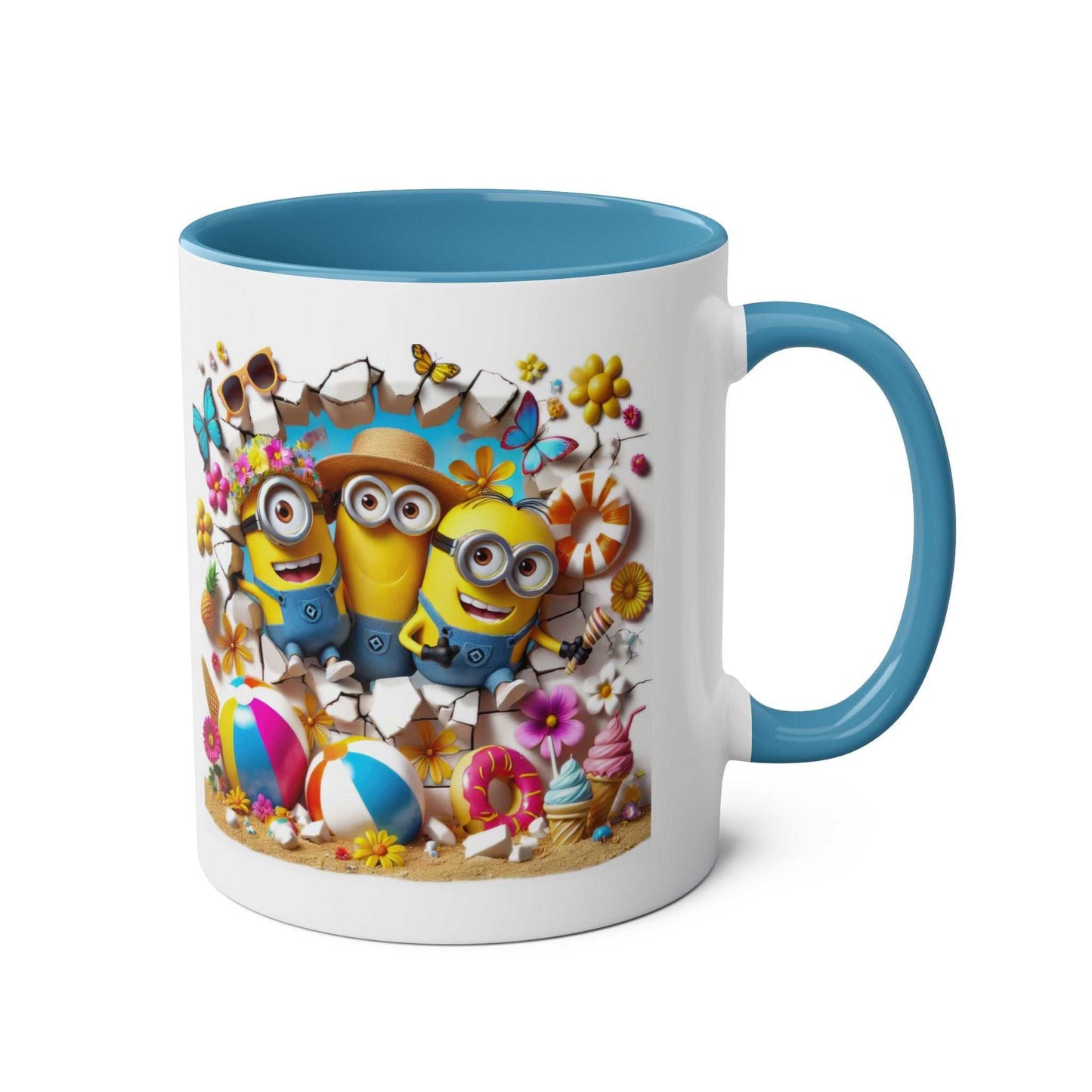 Minion Beach Themed Coffee Mug with Minions enjoying sun and surf, 11oz ceramic, glossy finish.