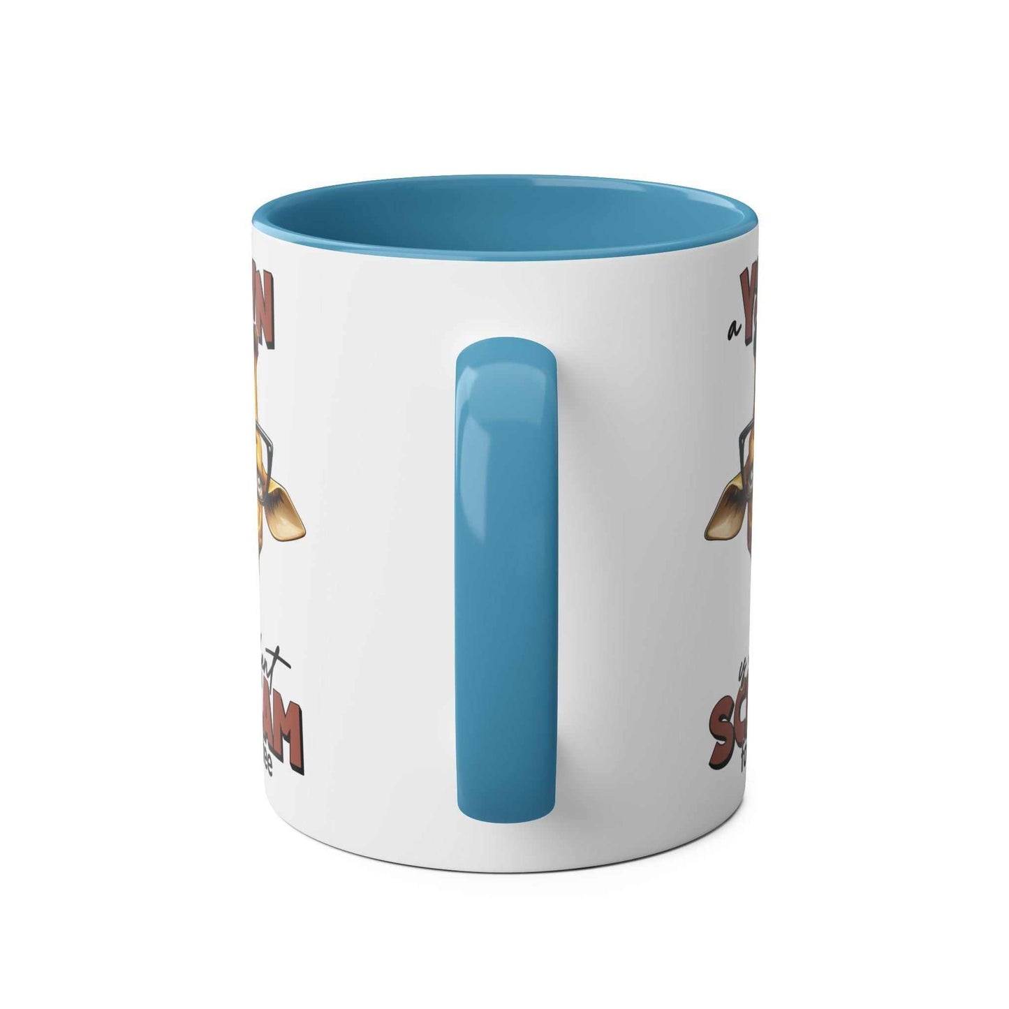 Quirky giraffe design Yawn Coffee Mug with blue handle and interior.