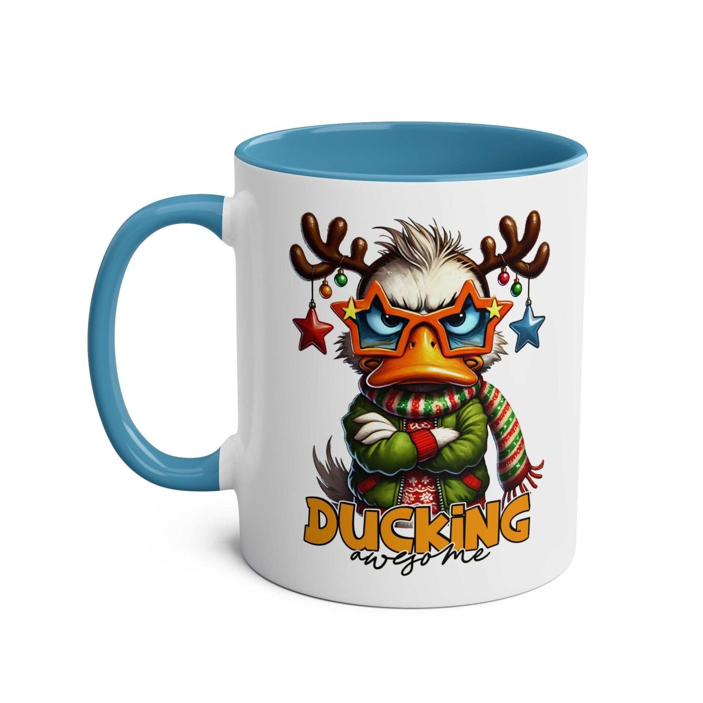 Sarky Christmas mug featuring a sassy duck design, available in 7 colors, 11oz ceramic, glossy finish.