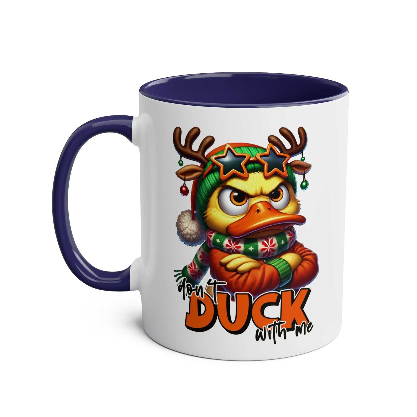 Sarky Christmas Mug with duck design, available in 7 colors, glossy ceramic finish.
