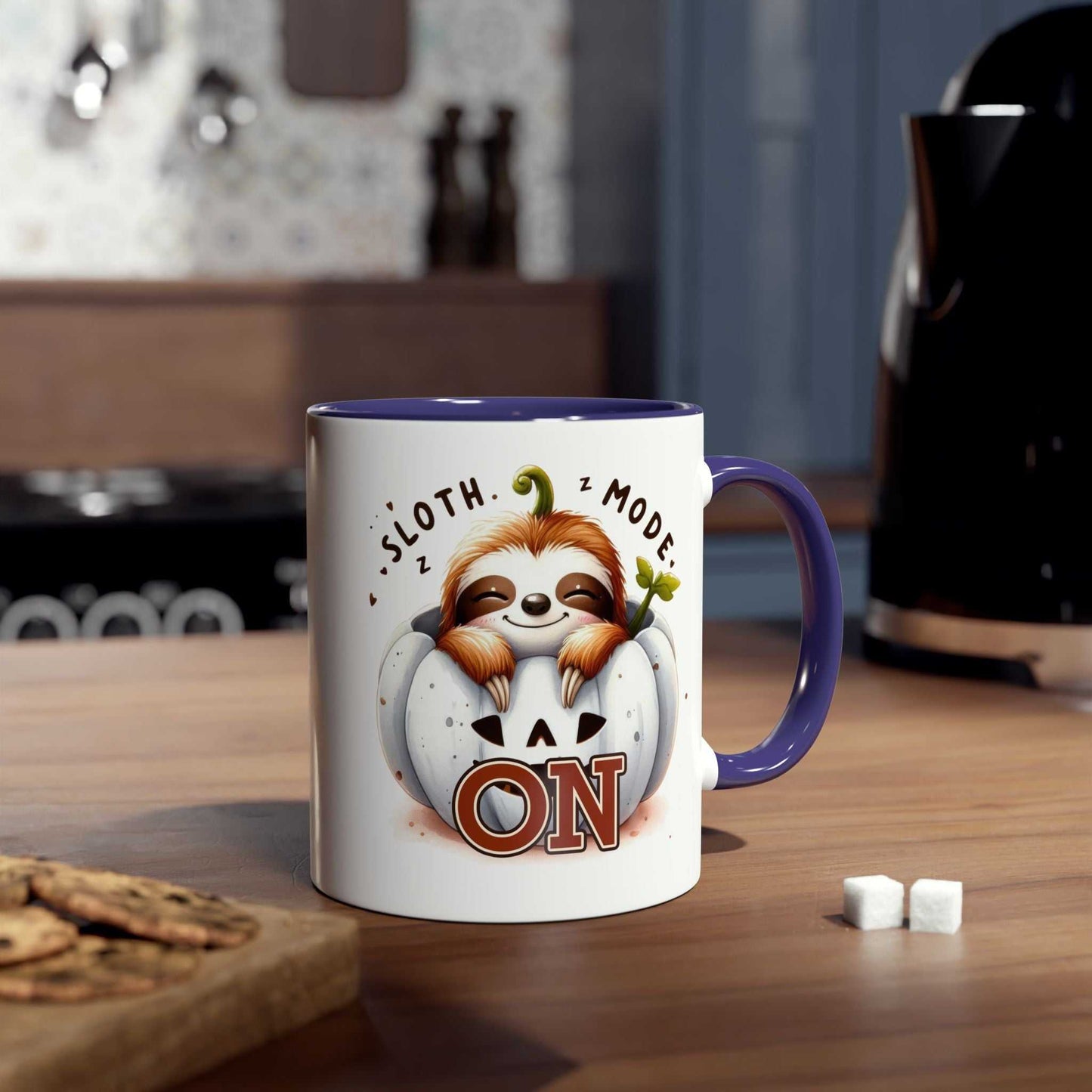 Cute sloth coffee mug in a cozy kitchen setting.