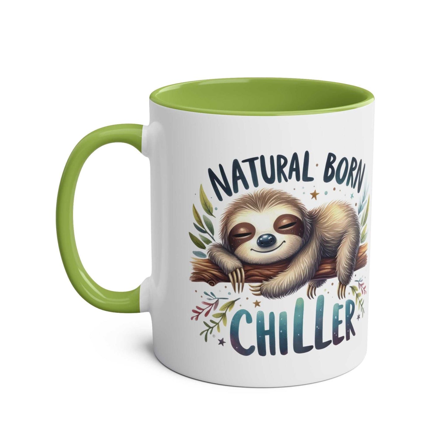 Cute sloth coffee mug with "Natural Born Chiller" design, green handle and interior.