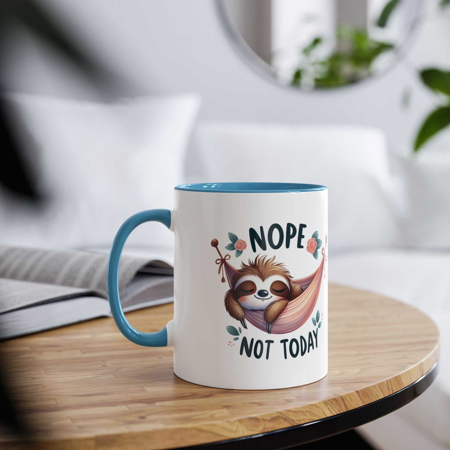 cute sloth coffee mug with whimsical design on wooden table