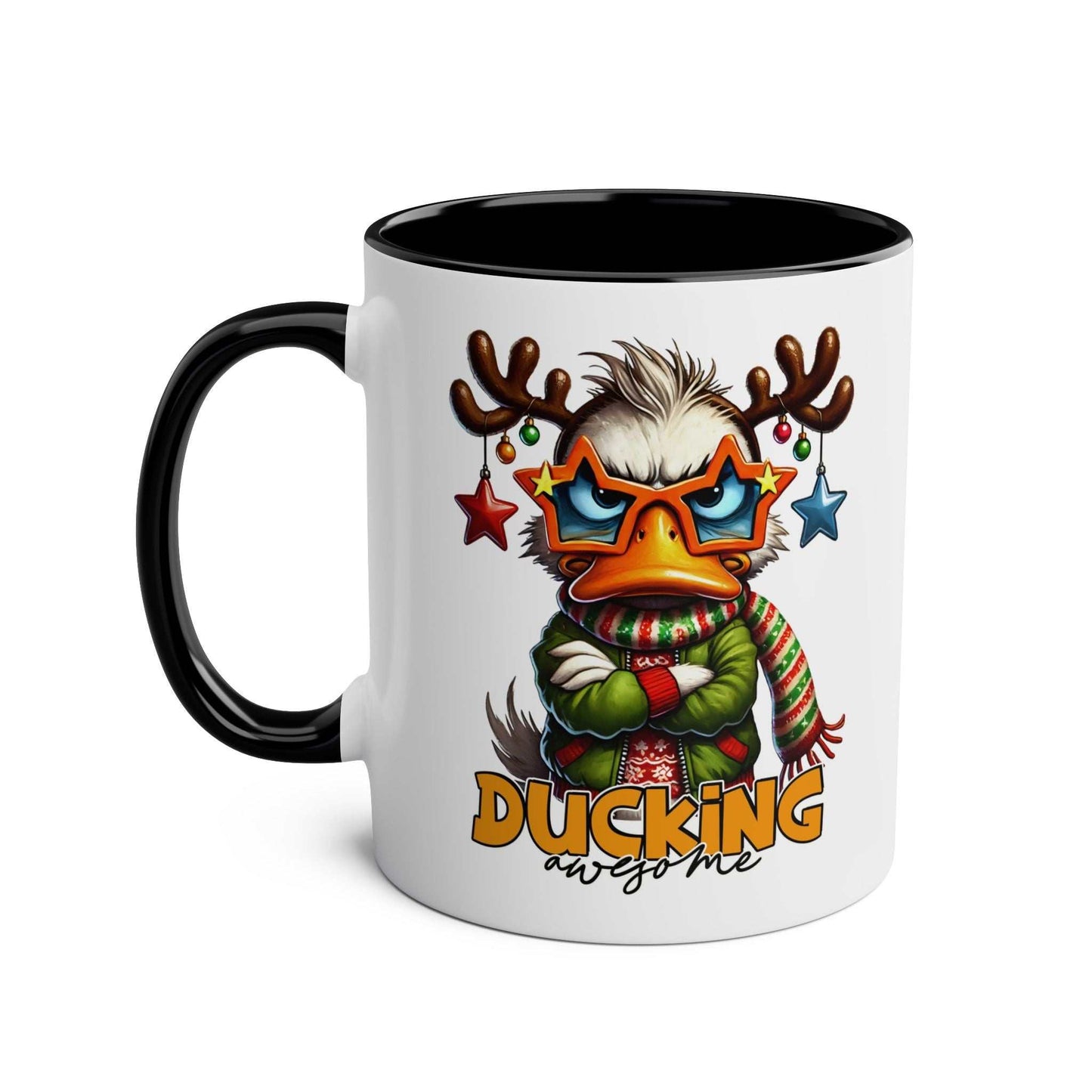 Sarky Christmas Mug with sassy duck design in 7 colors, glossy ceramic, 11oz.