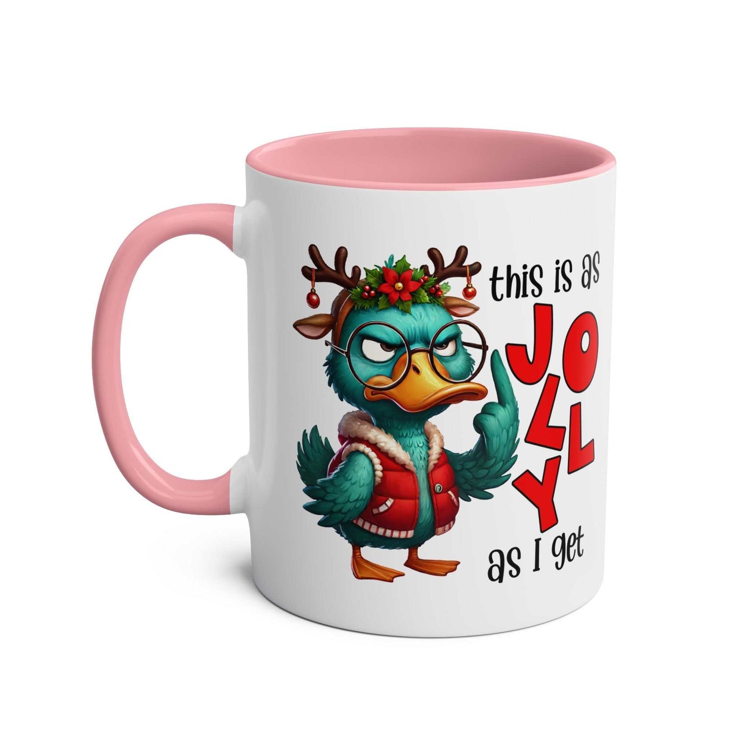Sarky Christmas Mug with duck design and humorous twist on pink handle.