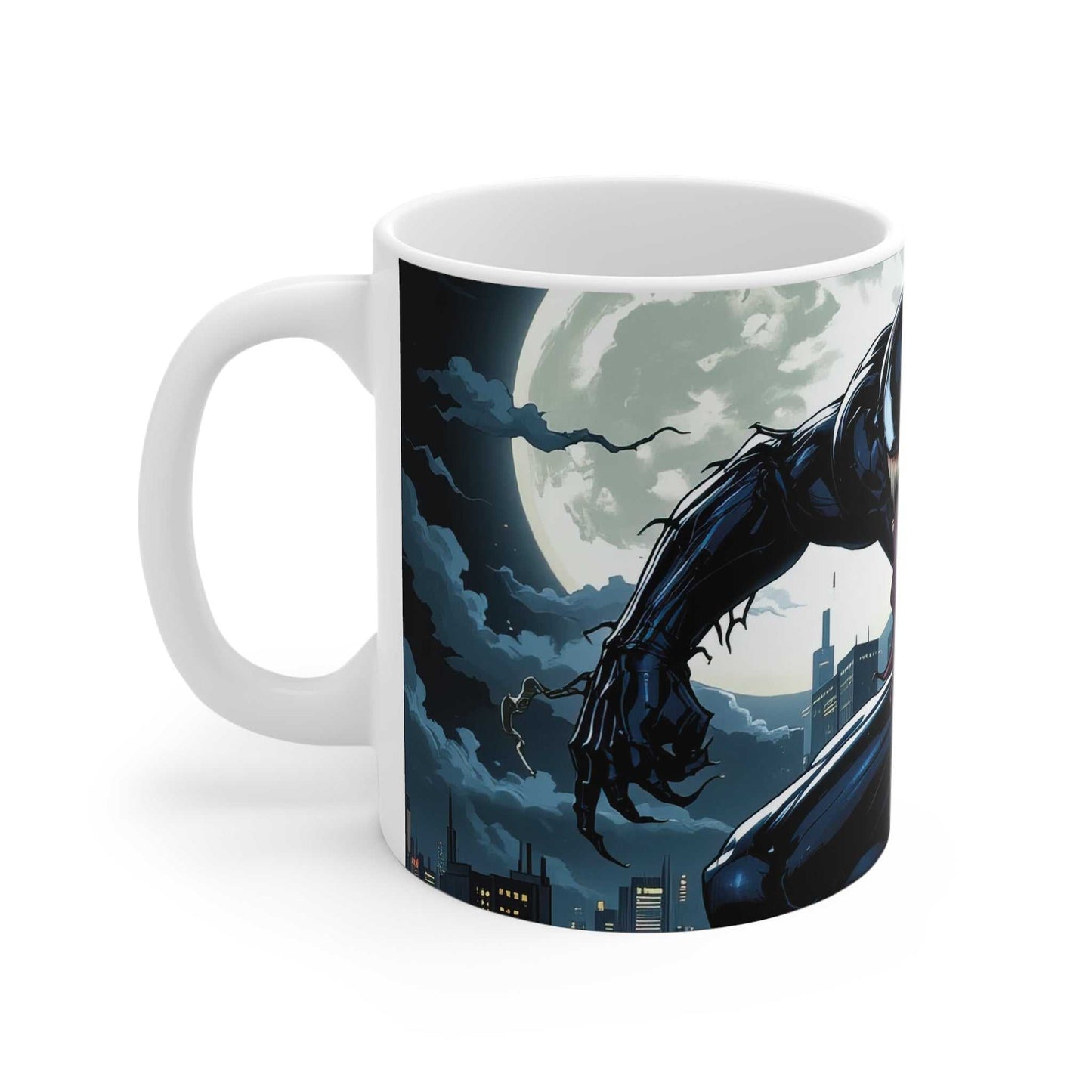 Venom-inspired superhero coffee mug with moonlit cityscape design.